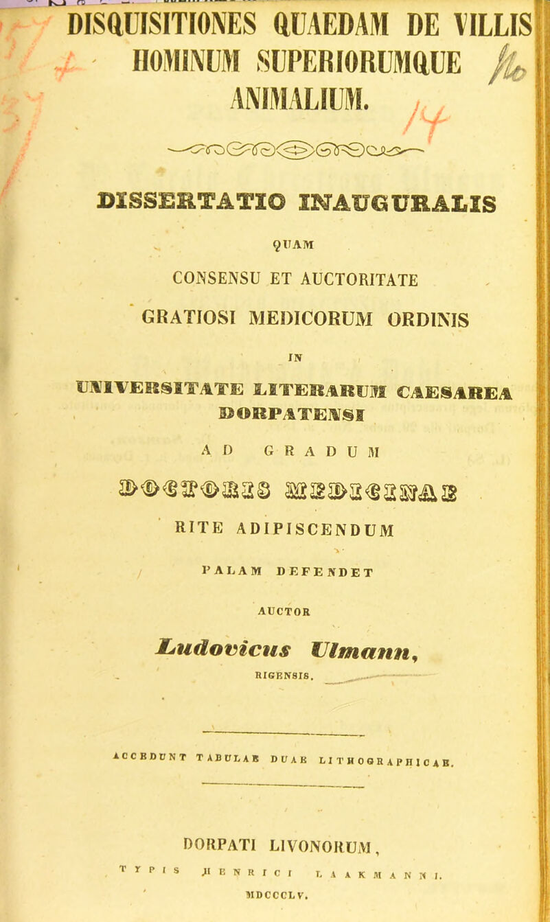 DISQUISITIONES QUAEDAM DE VILLIS HOMINUM SUPER IORUMQUE ANIMALIUM. _ /y DISSERTATIO INAUGURARIS QUAM CONSENSU ET AUCTORITATE GRATIOSI MEDICORUM ORDINIS IN UII1ERSITATE LITERARU1 CAlESAKEA ©ORPATEMSS A D GRADU M RITE ADIPISCENDUM *» * palam defendet AUCTOR JLudovicus limann, RIGENSIS. _ ACCEDUNT TABULAE DUAE LITHOGRAPH1CAB. dorpati livonorum, 1 Y p 1 s b n r r c r laakmanni. MDCCCLV.