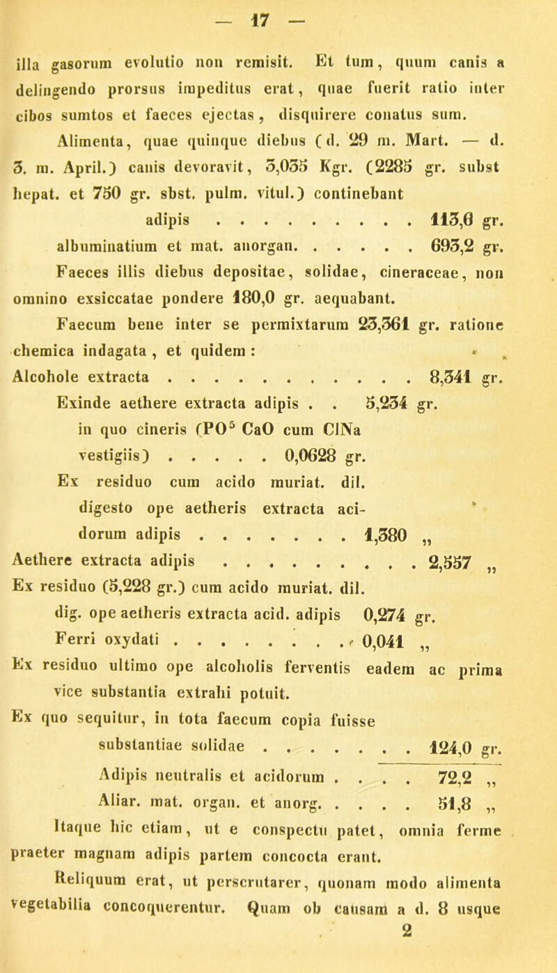 illa gasorum evolutio non remisit. Et tum, quum canis a delingendo prorsus impeditus erat, quae fuerit ratio inter cibos sumtos et faeces ejectas, disquirere conatus sum. Alimenta, quae quinque diebus (d. 29 m. Mart. — d. 3. m. April.) canis devoravit, 5,055 Kgr. (2285 gr. subst liepat. et 750 gr. sbst. pulm. vitul.) continebant adipis 113,0 gr. alburainatium et mat. anorgan 695,2 gr. Faeces illis diebus depositae, solidae, cineraceae, non omnino exsiccatae pondere 180,0 gr. aequabant. Faecum bene inter se permixtarum 23,361 gr. ratione chemica indagata , et quidem : « Alcohole extracta 8,341 gr. Exinde aethere extracta adipis . . 5,234 gr. in quo cineris (PO5 CaO cum CINa vestigiis) 0,0628 gr. Ex residuo cum acido muriat. dii. digesto ope aetheris extracta aci- dorum adipis 1,380 „ Aethere extracta adipis 2,557 Ex residuo (5,228 gr.) cum acido muriat. dii. dig. ope aetheris extracta acid. adipis 0,274 gr. Ferri oxydati '0,041 „ Ex residuo ultimo ope alcoholis ferventis eadem ac prima vice substantia extrahi potuit. Ex quo sequitur, in tota faecum copia fuisse substantiae solidae 124,0 gr. Adipis neutralis et acidorum .... 72,2 „ Aliar. mat. organ. et anorg 51,8 „ Itaque hic etiam, ut e conspectu patet, omnia ferme praeter magnam adipis partem concocta erant. Reliquum erat, ut perscrutarer, quonam modo alimenta vegetabilia concoquerentur. Quam ob causam a d. 8 usque 2