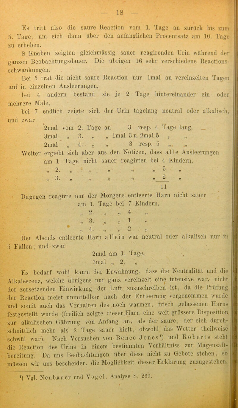 Es tritt also die saure Keaction vom 1. Tage an zurück bis zum 5. Tage, um sich dann über den anfänglichen Procentsatz am 10. Tage zu erheben. 8 Knaben zeigten gleichmässig sauer reagirenden Urin während der ganzen Beobachtungsdauer. Die übrigen 16 sehr verschiedene Reactions- scliwankungen. Bei 5 trat die nicht saure Reaction nur lmal an vereinzelten Tagen auf in einzelnen Ausleerungen, hei 4 andern bestand sie je 2 Tage hintereinander ein oder mehrere Male, bei 7 endlich zeigte sich der Urin tagelang neutral oder alkalisch, und zwar 2mal vom 2. Tage an 3 resp. 4 Tage lang, _ 3mal „ 3. „ „ lmal 3 u. 2mal 5 2mal „ 4. „ „ 3 resp. 5 Weiter ergiebt sich aber aus den Notizen, dass alle Ausleerungen am 1. Tage nicht sauer reagirten bei 4 Kindern, „ 2. „ 31 33 33 33 5 „ 2 tl M 11 11 r J) 3. 11 Dagegen reagirte nur der Morgens entleerte Harn nicht sauer am 1. Tage bei 7 Kindern, 9 4 8 1 4 2 31 31  Der Abends entleerte Harn allein war neutral oder alkalisch nur in 5 Fällen; und zwar 2mal am 1. Tage,. 3mal ,, 2. „ Es bedarf wohl kaum der Erwähnung, dass die Neutralität und die Alkalescenz, welche übrigens nur ganz vereinzelt eine intensive war, nicht der zersetzenden Einwirkung der Luft zuzuschreiben ist, da die Prüfung der Reaction meist unmittelbar nach der Entleerung vorgenommen wurde und somit auch das Yerhalten des noch warmen, frisch gelassenen Harns festgestellt wurde (freilich zeigte dieser Harn eine weit grössere Disposition, zur alkalischen Gährung von Anfang an, als der saure, der sich durch- schnittlich mehr als 2 Tage sauer hielt, obwohl das Wetter theilweise schwül war). Nach Versuchen von Bence Jones1) und Roberts steht die Reaction des Urins in einem bestimmten Verhältniss zur Magensaft- bereitung. Da uns Beobachtungen über diese nicht zu Gebote stehen, so müssen wir uns bescheiden, die Möglichkeit dieser Erklärung zuzugestehen,