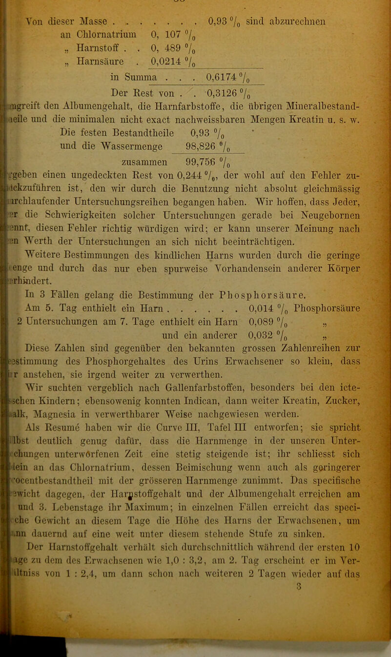Von dieser Masse . - an Chlornatrium „ Harnstoff . . ,, Harnsäure 0, 107 % 0, 489 % 0,0214 % 0,93 % sind abzurechnen in Summa 0,6174 % Der Rest von . . 0,3126% ingreift den Albumengehalt, die HarnfarbStoffe, die übrigen Mineralbestand- ieile und die minimalen nicht exact. nachweissbaren Mengen Kreatin u. s. w. Die festen Bestandtheile 0,93 % und die Wassermenge 98,826 % zusammen 99,756 % .•geben einen ungedeckten Rest von 0,244 %, der wohl auf den Fehler zu- ickzuführen ist, den wir durch die Benutzung nicht absolut gleichmässig irchlaufender Untersuchungsreihen begangen haben. Wir hoffen, dass Jeder, >r die Schwierigkeiten solcher Untersuchungen gerade hei Neugebornen mnt, diesen Fehler richtig würdigen wird; er kann unserer Meinung nach ;n Werth der Untersuchungen an sich nicht beeinträchtigen. Weitere Bestimmungen des kindlichen Harns wurden durch die geringe enge und durch das nur eben spurweise Vorhandensein anderer Körper nrhindert. In 3 Fällen gelang die Bestimmung der Phosphorsäure. Am 5. Tag enthielt ein Harn 0,014 % Phosphorsäure 2 Untersuchungen am 7. Tage enthielt ein Harn 0,089 % „ und ein anderer 0,032 % „ Diese Zahlen sind gegenüber den bekannten grossen Zahlenreihen zur ^Stimmung des Phosphorgehaltes des Urins Erwachsener so klein, dass r anstehen, sie irgend weiter zu verwerthen. Wir suchten vergeblich nach Gallenfarbstoffen, besonders bei den icte- schen Kindern; ebensowenig konnten Indican, dann weiter Kreatin, Zucker, isÖk, Magnesia in verwerthbarer Weise nachgewiesen werden. Als Resume haben wir die Curve III, Tafel III entworfen; sie spricht lbst deutlich genug dafür, dass die Harnmenge in der unseren Unter- chungen unterworfenen Zeit eine stetig steigende ist; ihr schliesst sich lein an das Chlornatrium, dessen Beimischung wenn auch als geringerer ■ocentbestandtheil mit der grösseren Harnmenge zunimmt. Das specifische 3wicht dagegen, der Ilarjstoffgehalt und der Albumengehalt erreichen am und 3. Lebenstage ihr Maximum; in einzelnen Fällen erreicht das speci- che Gewicht an diesem Tage die Höhe des Harns der Erwachsenen, um mn dauernd auf eine weit unter diesem stehende Stufe zu sinken. Der Harnstoffgehalt verhält sich durchschnittlich während der ersten 10 age zu dem des Erwachsenen wie 1,0 : 3,2, am 2. Tag erscheint er im Ver- iltniss von 1 : 2,4, um dann schon nach weiteren 2 Tagen wieder auf das 3