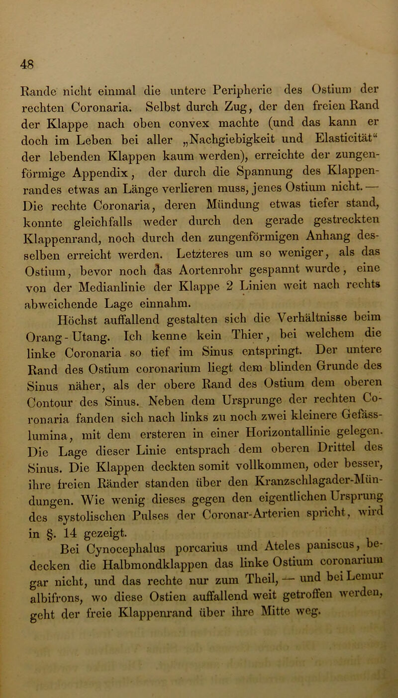 Rande nicht einmal die untere Peripherie des Ostium der rechten Coronaria. Selbst durch Zug, der den freien Rand der Klappe nach oben convex machte (und das kann er doch im Leben bei aller „Nachgiebigkeit und Elasticität“ der lebenden Klappen kaum werden), erreichte der zungen- förmige Appendix, der durch die Spannung des Klappen- randes etwas an Länge verlieren muss, jenes Ostium nicht. Die rechte Coronaria, deren Mündung etwas tiefer stand, konnte gleichfalls weder durch den gerade gestreckten Klappenrand, noch durch den zungenförmigen Anhang des- selben erreicht werden. Letzteres um so weniger, als das Ostium, bevor noch das Aortenrohr gespannt wurde, eine von der Medianlinie der Klappe 2 Linien weit nach rechts abweichende Lage einnahm. Höchst auffallend gestalten sich die V erhältnisse beim Orang-Utang. Ich kenne kein Thier, bei welchem die linke Coronaria so tief im Sinus entspringt. Der untere Rand des Ostium coronarium liegt dem blinden Grunde des Sinus näher, als der obere Rand des Ostium dem oberen Contour des Sinus. Neben dem Ursprünge der rechten Co- ronaria fanden sich nach links zu noch zwei kleinere Gefass- lumina, mit dem ersteren in einer Horizontallinie gelegen. Die Lage dieser Linie entsprach dem oberen Drittel des Sinus. Die Klappen deckten somit vollkommen, oder besser, ihre freien Ränder standen über den Kranzschlagader-Mün- dungen. Wie wenig dieses gegen den eigentlichen Ursprung des systolischen Pulses der Coronar-Arterien spricht, wild in §. 14 gezeigt. Bei Cynocephalus porcarius und Ateles pamscus, be- decken die Halbmondklappen das linke Ostium coronarium gar nicht, und das rechte nur zum Theil, und bei Lemui albifrons, wo diese Ostien auffallend weit getroffen werden, geht der freie Klappenrand über ihre Mitte weg.