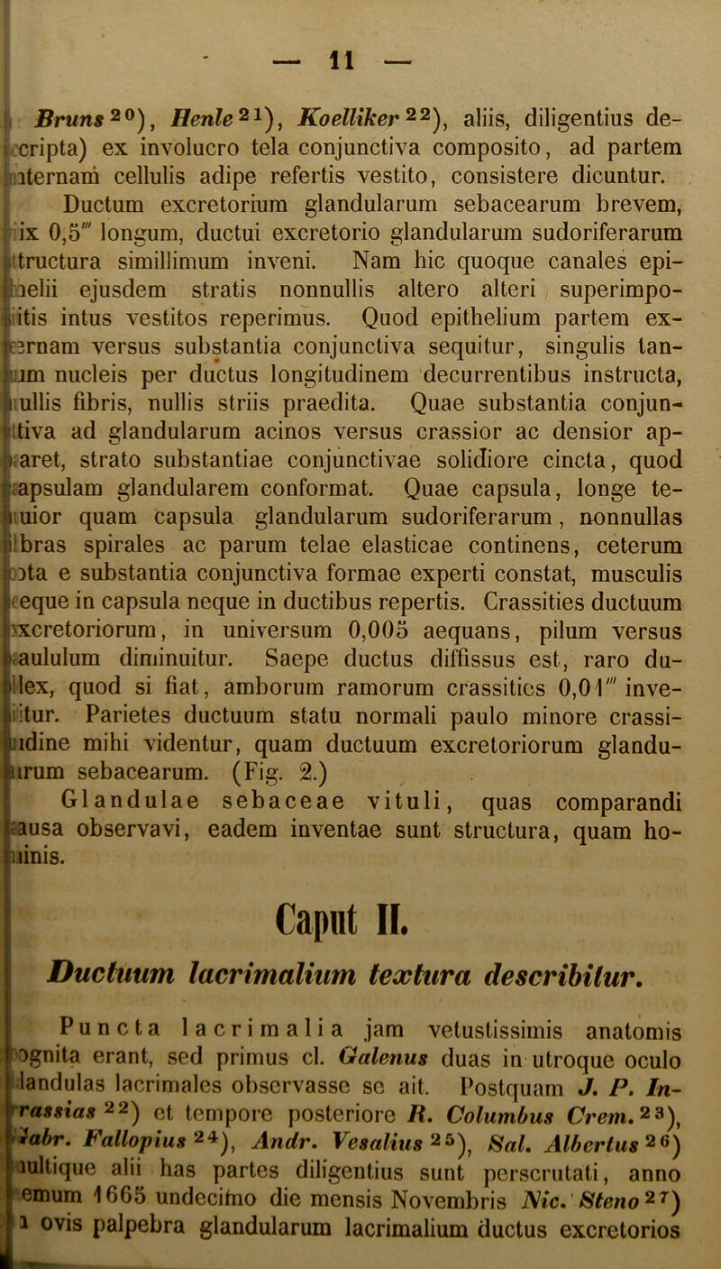 Bruns^^), Henle^^), KoelUker^^), aliis, diligentius de- scripta) ex involucro tela conjunctiva composito, ad partem fiiternani cellulis adipe refertis vestito, consistere dicuntur. Ductum excretorium glandularum sebacearum brevem, iix 0,5' longum, ductui excretorio glandularum sudoriferarum ttructura simillimum inveni. Nam hic quoque canales epi- iielii ejusdem stratis nonnullis altero alteri superimpo- Iiitis intus vestitos reperimus. Quod epithelium partem ex- ?3rnam versus substantia conjunctiva sequitur, singulis tan- lim nucleis per ductus longitudinem decurrentibus instructa, lullis fibris, nullis striis praedita. Quae substantia conjun- Itiva ad glandularum acinos versus crassior ac densior ap- caret, strato substantiae conjunctivae solidiore cincta, quod capsulam glandularem conformat. Quae capsula, longe te- luior quam capsula glandularum sudoriferarum, nonnullas Ibras spirales ac parum telae elasticae continens, ceterum wta e substantia conjunctiva formae experti constat, musculis ceque in capsula neque in ductibus repertis. Crassities ductuum >xcretoriorum, in universum 0,005 aequans, pilum versus mululum diminuitur. Saepe ductus diffissus est, raro du- Hex, quod si fiat, amborum ramorum crassities 0,01' inve- iitur. Parietes ductuum statu normali paulo minore crassi- jidine mihi videntur, quam ductuum excretoriorum glandu- urum sebacearum. (Fig. 2.) Glandulae sebaceae vituli, quas comparandi sausa observavi, eadem inventae sunt structura, quam ho- uinis. Caput II. Ductuum lacrimalium textura describitur. Puncta lacrimalia jam vetustissimis anatomis ''Ognita erant, sed primus cl. Galenus duas in utroque oculo landulas lacrimales observasse se ait. Postquam J. P. In- rrassias'^^) et tempore posteriore R. Columbus Crem,^^\ 'Ubr, FallopiusAndr. Vesalius Sal, Albertus^^) lultique alii has partes diligentius sunt perscrutati, anno 'emum 1665 undecifno die mensis Novembris Nic. ‘ Steno^^^ 1 ovis palpebra glandularum lacrimalium ductus excretorios