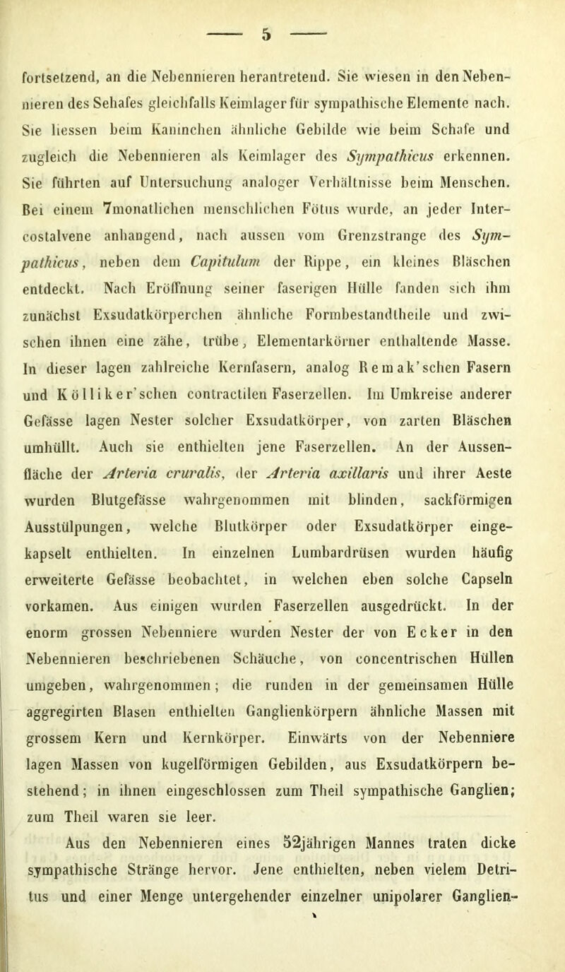 fortsetzend, an die Nebennieren herantretend. Sie wiesen in den Neben- nieren des Sehafes gleichfalls Keimlager für sympathische Elemente nach. Sie Hessen beim Kaninchen ähnliche Gebilde wie beim Schafe und zugleich die Nebennieren als Keimlager des Sympathieus erkennen. Sie führten auf Untersuchung analoger Verhältnisse beim Menschen. Bei einem 7monatliehen menschlichen Fötus wurde, an jeder Inter- costalvene anliangend, nach aussen vom Grenzstrange des Sijm- pathicus, neben dem Capitulum der Rippe, ein kleines Bläschen entdeckt. Nach Eröffnung seiner faserigen Hülle fanden sich ihm zunächst Exsudatkörperchen ähnliche Formbestandlheile und zwi- schen ihnen eine zähe, trübe, Elementarkörner enthaltende. Masse. In dieser lagen zahlreiche Kernfasern, analog Remak’sehen Fasern und K öllik er'sehen contractilen Faserzellen. Im Umkreise anderer Gefässe lagen Nester solcher Exsudatkörper, von zarten Bläschen umhüllt. Auch sie enthielten jene Faserzellen. An der Aussen- fläclie der Arteria cruralis, der Arteria axillaris und ihrer Aeste wurden Blutgefässe wahrgenommen mit blinden, sackförmigen Ausstülpungen, welche Blutkörper oder Exsudatkörper einge- kapselt enthielten. In einzelnen Lumbardrüsen wurden häufig erweiterte Gefässe beobachtet, in welchen eben solche Capsein vorkamen. Aus einigen wurden Faserzellen ausgedrückt. In der enorm grossen Nebenniere wurden Nester der von Ecker in den Nebennieren beschriebenen Schäuche, von concentrischen Hüllen umgeben, wahrgenonnnen; die runden in der gemeinsamen Hülle aggregirten Blasen enthielten Ganglienkörpern ähnliche Massen mit grossem Kern und Kernkörper. Einwärts von der Nebenniere lagen Massen von kugelförmigen Gebilden, aus Exsudatkörpern be- stehend; in ihnen eingeschlossen zum Theil sympathische Ganglien; zum Theil waren sie leer. Aus den Nebennieren eines 52jährigen Mannes traten dicke sympathische Stränge hervor. Jene enthielten, neben vielem Detri- tus und einer Menge untergehender einzelner unipolarer Ganglien-