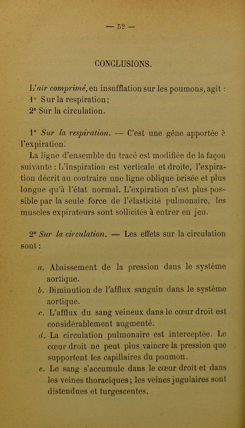 CONCLUSIONS. L'air comprimé, en insufflation sur les poumons, agit : 1° Sur la respiration; 2° Sur la circulation. 1° Sur la respiration. — C’est une gêne apportée à l’expiration. La ligne d’ensemble du tracé est modifiée de la façon suivante : L’inspiration est verticale et droite, l’expira- tion décrit au contraire une ligne oblique brisée et plus longue qu’à l’état normal. L’expiration n’est plus pos- sible par la seule force de l’élasticité pulmonaire, les muscles expirateurs sont sollicités à entrer en jeu. 2° Sur la circulation. — Les effets sur la circulation son I. : a. Abaissement de la pression dans le système aortique. b. Diminution de l’afflux sanguin dans le système aortique. c. L’afflux du sang veineux dans le cœur droit est considérablement augmenté. d. La circulation pulmonaire est interceptée. Le cœur droit ne peut plus.vaincre la pression que supportent les capillaires du poumon. e. Le sang s’accumule dans le cœur droit et dans les veines thoraciques; les veines jugulaires sont distendues et turgescentes.