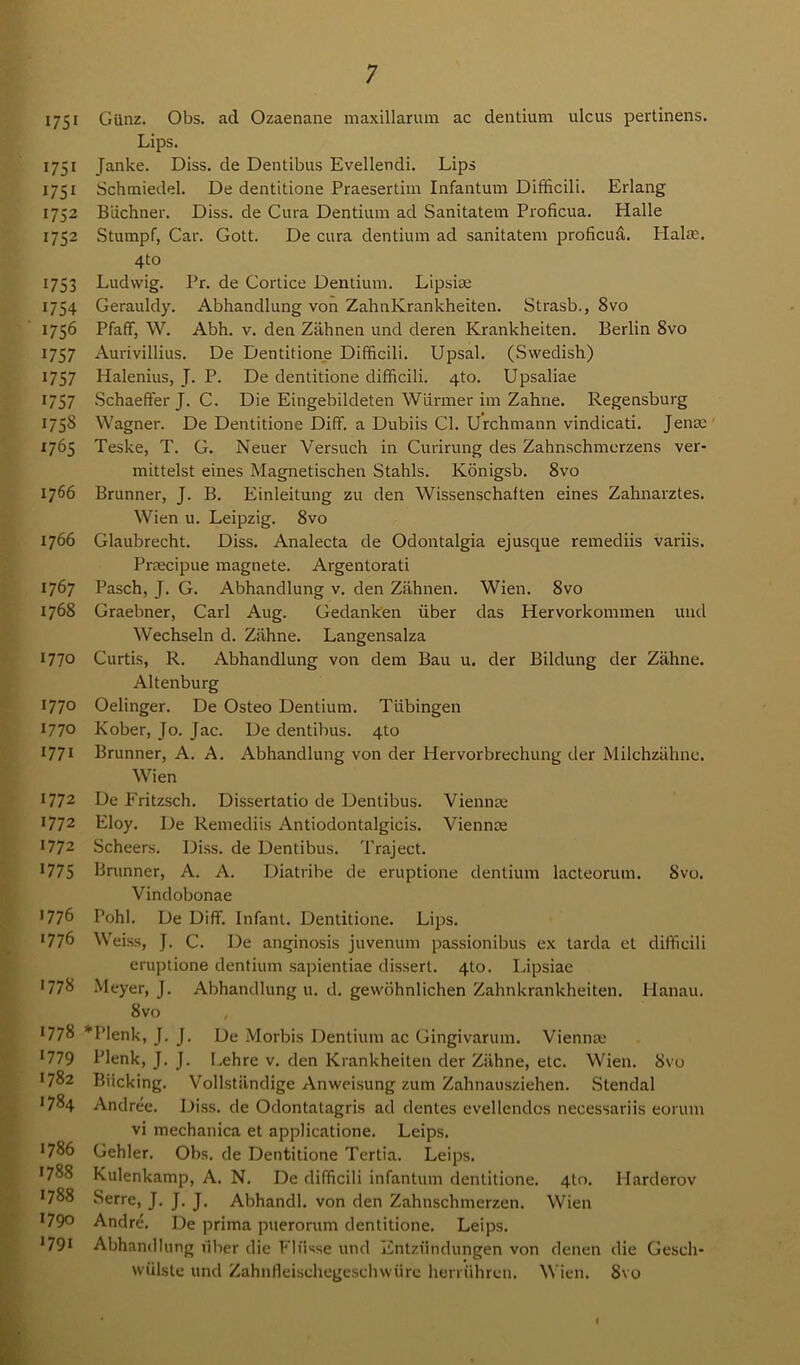 1751 Gttnz. Obs. ad Ozaenane maxillarum ac dentium ulcus pertinens. Lips. 1751 Janke. Diss. de Dentibus Evellendi. Lips 1751 Schmiedel. De dentitione Praesertim Infantum Difficili. Erlang 1752 Biichner. Diss. de Cura Dentium ad Sanitatem Proficua. Halle 1752 Stumpf, Car. Gott. De cura dentium ad sanitatem proficud. Halm. 4to 1753 Ludwig. Pr. de Cortice Dentium. Lipsiae 1754 Gerauldy. Abhandlung von ZahnKrankheiten. Strasb., 8vo 1756 Pfaff, W. Abh. v. den Ziihnen und deren Krankheiten. Berlin Svo 1757 Aurivillius. De Dentitione Difficili. Upsal. (Swedish) 1757 Halenius, J. P. De dentitione difficili. 4to. Upsaliae 1757 Schaeffer J. C. Die Eingebildeten Wlirmer im Zahne. Regensburg 1758 Wagner. De Dentitione Diff. a Dubiis Cl. Urchmann vindicati. Jenm 1765 Teske, T. G. Neuer Versuch in Curirung des Zahnschmerzens ver- mittelst eines Magnetischen Stahls. Konigsb. 8vo 1766 Brunner, J. B. Einleitung zu den Wissenschaften eines Zahnarztes. Wien u. Leipzig. 8vo 1766 Glaubrecht. Diss. Analecta de Odontalgia ejusque remediis variis. Praecipue magnete. Argentorati 1767 Pasch, J. G. Abhandlung v. den Ziihnen. Wien. Svo 1768 Graebner, Carl Aug. Gedank'en fiber das Hervorkommen und Wechseln d. Ziihne. Langensalza 1770 Curtis, R. Abhandlung von deni Bau u. der Bildung der Zahne. Altenburg 1770 Oelinger. De Osteo Dentium. Tubingen 1770 Kober, Jo. jac. De dentibus. 4to 1771 Brunner, A. A. Abhandlung von der Hervorbrechung der Milchzahne. Wien 1772 De Fritzsch. Dissertatio de Dentibus. Vienna; I772 Floy. De Remediis Antiodontalgicis. Vienna; 1772 Scheers. Diss. de Dentibus. Traject. 1775 Brunner, A. A. Diatribe de eruptione dentium lacteorum. 8vo. Vindobonae *776 Pohl. De Diff. Infant. Dentitione. Lips. 1776 Weiss, J. C. De anginosis juvenum passionibus ex tarda et difficili eruptione dentium sapientiae dissert. 4to. Lipsiae •77& Meyer, J. Abhandlung u. d. gewohnlichen Zahnkrankheiten. Hanau. Svo , 1778 *I’lenk, J. J. De Morbis Dentium ac Gingivarum. Vienna; *779 Plenk, J. J. Lehre v. den Krankheiten der Zahne, etc. Wien. Svo 1782 Bricking. Vollstandige Anweisung zum Zahnausziehen. Stendal 1784 Andree. Diss. de Odontatagris ad dentes evellcndos necessariis eorum vi mechanica et applicatione. Leips. 1786 Gehler. Obs. de Dentitione Tertia. Leips. 1788 Kulenkamp, A. N. De difficili infantum dentitione. 4to. Harderov !788 Serre, J. J. J. Abhandl. von den Zahnschmerzen. Wien J79o Andre. De prima puerorum dentitione. Leips. 1791 Abhandlung liber die Fliisse und Entziindungen von denen die Geseh- wiilste und Zahnfleischegeschwiirc herruhrcn. Wien. Svo I