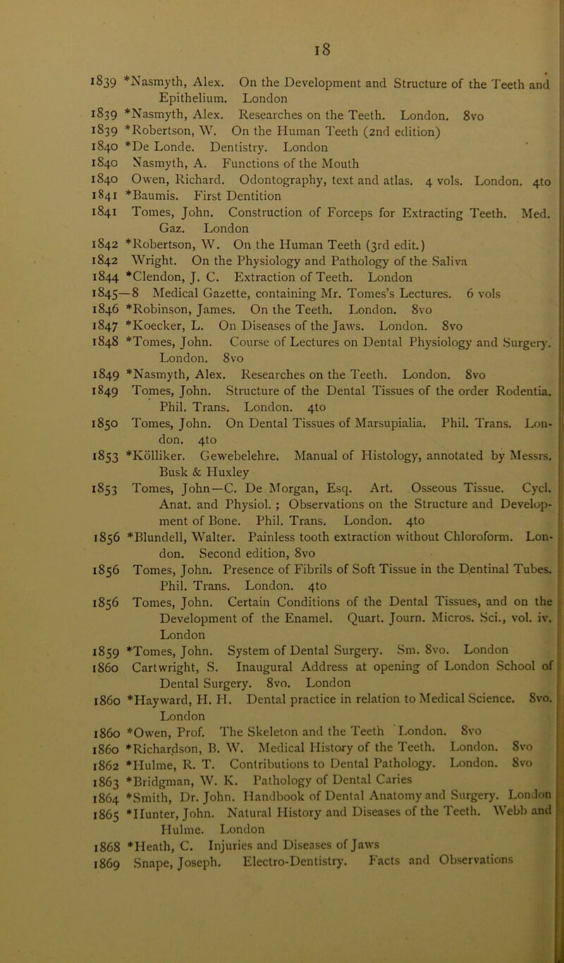 1839 *Nasmyth, Alex. On the Development and Structure of the Teeth and Epithelium. London 1839 *Nasmyth, Alex. Researches on the Teeth. London. 8vo 1839 * Robertson, W. On the Human Teeth (2nd edition) 1840 *De Londe. Dentistry. London 1S40 Nasmyth, A. Functions of the Mouth 1840 Owen, Richard. Odontography, text and atlas. 4 vols. London. 4to 1841 *Baumis. First Dentition 1841 Tomes, John. Construction of Forceps for Extracting Teeth. Med. Gaz. London 1842 *Robertson, W. On the Human Teeth (3rd edit.) 1842 Wright. On the Physiology and Pathology of the Saliva 1844 *Clendon, J. C. Extraction of Teeth. London 1845—8 Medical Gazette, containing Mr. Tomes’s Lectures. 6 vols 1846 *Robinson, James. On the Teeth. London. 8vo 1847 *Koecker, L. On Diseases of the Jaws. London. 8vo 1848 *Tomes, John. Course of Lectures on Dental Physiology and Surgery. London. 8vo 1849 *Nasmyth, Alex. Researches on the Teeth. London. 8vo 1849 Tomes, John. Structure of the Dental Tissues of the order Rodentia. Phil. Trans. London. 4to 1850 Tomes, John. On Dental Tissues of Marsupialia. Phil. Trans. Lon- don. 4to 1853 *Kolliker. Gewebelehre. Manual of Histology, annotated by Messrs. Busk & Huxley 1853 Tomes, John—C. De Morgan, Esq. Art. Osseous Tissue. Cyd. Anat. and Physiol. ; Observations on the Structure and Develop- ment of Bone. Phil. Trans. London. 4to 1856 * Blundell, Walter. Painless tooth extraction without Chloroform. Lon- don. Second edition, 8vo 1856 Tomes, John. Presence of Fibrils of Soft Tissue in the D.entinal Tubes. Phil. Trans. London. 4to 1856 Tomes, John. Certain Conditions of the Dental Tissues, and on the Development of the Enamel. Quart. Journ. Micros. Sci., vol. iv. London 1859 *Tomes, John. System of Dental Surgery. Sm. 8vo. London 1860 Cartwright, S. Inaugural Address at opening of London School of Dental Surgery. 8vo. London i860 *Hayward, H. H. Dental practice in relation to Medical Science. Svo. London i860 *Owen, Prof. The Skeleton and the Teeth London. Svo i860 * Richardson, B. W. Medical History of the Teeth. London. Svo 1862 *Hulme, R. T. Contributions to Dental Pathology. London. Svo 1863 ’Bridgman, W. K. Pathology of Dental Caries 1864 *Smith, Dr. John. Handbook of Dental Anatomy and Surgery. London 1865 *IIunter, John. Natural History and Diseases of the Teeth. Webb and Hulme. London 1868 *Heath, C. Injuries and Diseases of Jaws 1869 Snape, Joseph. Electro-Dentistry. Facts and Observations