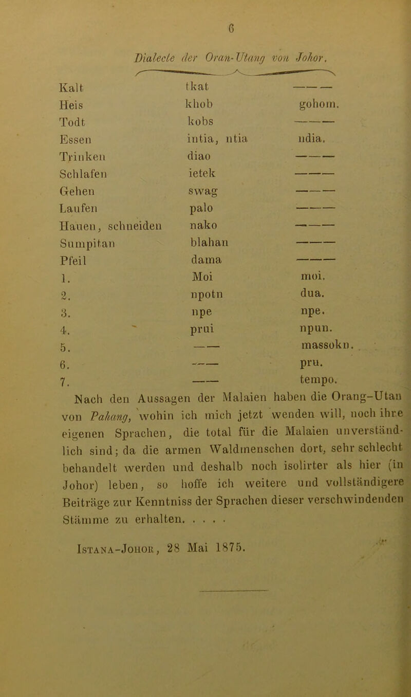 Dialecle der Oran-JJtimj von Johor. Kalt tkat — Heis khob gühom. Todt kobs — Essen intia, ntia ndia. Trinken diao — Schlafen ietek — Gehen swag — Laufen palo Hauen, schneiden nako — Sumpitan blahan — Pfeil dama — 1. Moi moi. 2. npotn dua. 3. npe npe. 4. prui npun. 5. — massokn. , 6. pru. 7. — tempo. Nach den Aussagen der Malaien haben die Orang-Utan \ von Vahang, wohin ich mich jetzt wenden will, noch ihre eigenen Sprachen, die total für die Malaien unverständ- lieh sind; da die armen Waldinenschen dort, sehr schlecht behandelt werden und deshalb noch isolirter als hier (in Johor) leben, so hoffe ich weitere und vollständigere Beiträge zur Kenntniss der Sprachen dieser verschwindenden Stämme zu erhalten IsTANA-Joiioii, 28 Mai 1875. ' ' \ 1