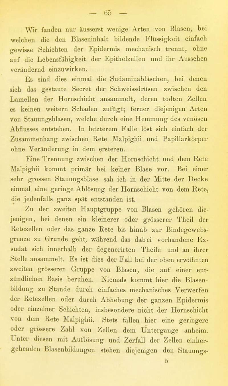 Wir fanden nur iiusserst wenige Arten von Blasen, bei welchen die den Blaseninhalt bildende Flüssigkeit einfach gewisse Schichten der Epidermis mechanisch trennt, ohne auf die Lebensfähigkeit der Epithelzellen und ihr Aussehen verändernd einzuwirken. Es sind dies einmal die Sudaminabläschen, bei denen sich das gestaute Secret der Schweissdriisen zwischen den Lamellen der Hornschicht ansammelt, deren todten Zellen es keinen weitern Schaden zufügt; ferner diejenigen Arten von Stauungsblasen, welche durch eine Hemmung des venösen Abflusses entstehen. In letzterem Falle löst sich einfach der Zusammenhang zwischen Rete Malpighii und Papillarkörper ohne Veränderung in dem ersteren. Eine Trennung zwischen der Hornschicht und dem Rete Malpighii kommt primär bei keiner Blase vor. Bei einer sehr grossen Stauungsblase sah ich in der Mitte der Decke einmal eine geringe Ablösung der Hornschicht von dem Rete, die jedenfalls ganz spät entstanden ist. Zu der zweiten Hauptgruppe von Blasen gehören die- jenigen, bei denen ein kleinerer oder grösserer Theil der Retezellen oder das ganze Rete bis hinab zur Bindegewebs- grenze zu Grunde geht, während das dabei vorhandene Ex- sudat sich innerhalb der degenerirten Theile und an ihrer Stelle ansammelt. Es ist dies der Fall bei der oben erwähnten zweiten grösseren Gruppe von Blasen, die auf einer ent- zündlichen Basis beruhen. Niemals kommt hier die Blasen- bildung zu Stande durch einfaches mechanisches Verwerfen der Retezellen oder durch Abhebung der ganzen Epidermis oder einzelner Schichten, insbesondere nicht der Hornschicht von dem Rete Malpighii. Stets fallen hier eine geringere oder grössere Zahl von Zellen dem Untergange anheim. Unter diesen mit Auflösung und Zerfall der Zellen einher- gehenden Blasenbildungen stehen diejenigen den Stauuugs- 5