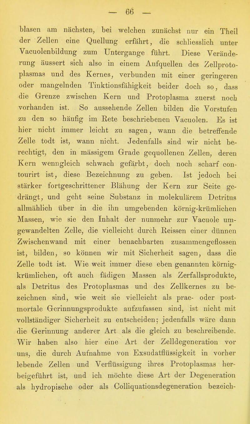 blasen am nächsten, bei welchen zunächst nur ein Theil der Zellen eine Quellung erfährt, die schliesslich unter Vacuolenbildung zum Untergange führt. Diese Verände- rung äussert sich also in einem Aufquellen des Zellproto- plasmas und des Kernes, verbunden mit einer geringeren oder mangelnden Tinktionsfähigkeit beider doch so, dass die Grenze zwischen Kern und Protoplasma zuerst noch vorhanden ist. So aussehende Zellen bilden die Vorstufen zu den so häufig im Rete beschriebenen Vacuolen. Es ist hier nicht immer leicht zu sagen, wann die betreffende Zelle todt ist, wann nicht. Jedenfalls sind wir nicht be- rechtigt, den in mässigem Grade gequollenen Zellen, deren Kern wenngleich schwach gefärbt, doch noch scharf con- tourirt ist, diese Bezeichnung zu geben. Ist jedoch bei stärker fortgeschrittener Blähung der Kern zur Seite ge- drängt, und geht seine Substanz in molekulärem Detritus allmählich über in die ihn umgebenden köi’nig-krümlichen Massen, wie sie den Inhalt der nunmehr zur Vacuole um- gewandelten Zelle, die vielleicht durch Reissen einer dünnen Zwischenwand mit einer benachbarten zusammengeflossen ist, bilden, so können wir mit Sicherheit sagen, dass die Zelle todt ist. Wie weit immer diese eben genannten körnig- krümlichen, oft auch fädigen Massen als Zerfallsprodukte, als Detritus des Protoplasmas und des Zellkernes zu be- zeichnen sind, wie weit sie vielleicht als prae- oder post- mortale Gerinnungsprodukte aufzufassen sind, ist nicht mit vollständiger Sicherheit zu entscheiden; jedenfalls wäre dann die Gerinnung anderer Art als die gleich zu beschreibende. Wir haben also hier eine Art der Zelldegeneration vor uns, die durch Aufnahme von Exsudatflüssigkeit in vorher lebende Zellen und Verflüssigung ihres Protoplasmas her- beigeführt ist, und ich möchte diese Art der Degeneration als hydropische oder als Colliquationsdegeneration bezeich-