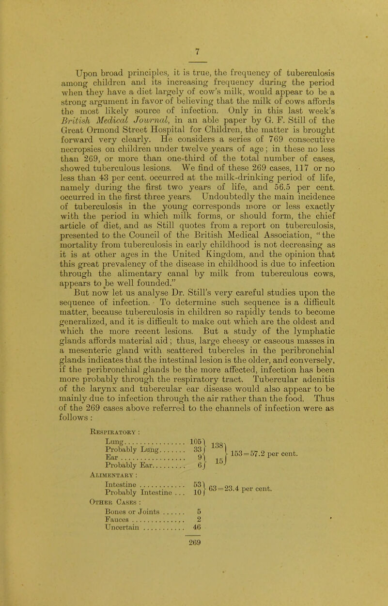 Upon broad principles, it is true, the frequency of tuberculosis among children and its increasing frequency during the period when they have a diet largely of cow’s milk, would appear to be a strong argument in favor of believing that the milk of cows affords the most likely source of infection. Only in this last week’s British Medical Journal, in an able paper by G. F. Still of the Great Ormond Street Hospital for Children, the matter is brought forward very clearly. He considers a series of 769 consecutive necropsies on children under twelve years of age; in these no less than 269, or more than one-third of the total number of cases, showed tuberculous lesions. We find of these 269 cases, 117 or no less than 43 per cent, occurred at the milk-drinking period of life, namely during the first two years of life, and 56.5 per cent, occurred in the first three years. Undoubtedly the main incidence of tuberculosis in the young corresponds more or less exactly with the period in which milk forms, or should form, the chief article of diet, and as Still quotes from a report on tuberculosis, presented to the Council of the British Medical Association, “ the mortality from tuberculosis in early childhood is not decreasing as it is at other ages in the United Kingdom, and the opinion that this great prevalency of the disease in childhood is due to infection through the alimentary canal by milk from tuberculous cows, appears to be well founded.” But now let us analyse Dr. Still’s very careful studies upon the sequence of infection. To determine such sequence is a difficult matter, because tuberculosis in children so rapidly tends to become generalized, and it is difficult to make out which are the oldest and which the more recent lesions. But a study of the lymphatic glands affords material aid ; thus, large cheesy or caseous masses in a mesenteric gland with scattered tubercles in the peribronchial glands indicates that the intestinal lesion is the older, and conversely, if the peribronchial glands be the more affected, infection has been more probably through the respiratory tract. Tubercular adenitis of the larynx and tubercular ear disease would also appear to be mainly due to infection through the air rather than the food. Thus of the 269 cases above referred to the channels of infection were as follows : Respiratory : Lung 105 Probably Lung 33 Ear 9 Probably Ear 6 Alimentary : Intestine 53 Probably Intestine ... 10 Other Cases : Bones or Joints 5 Fauces 2 Uncertain 46 } 153 = 57.2 per cent. 63 = 23.4 per cent. 269