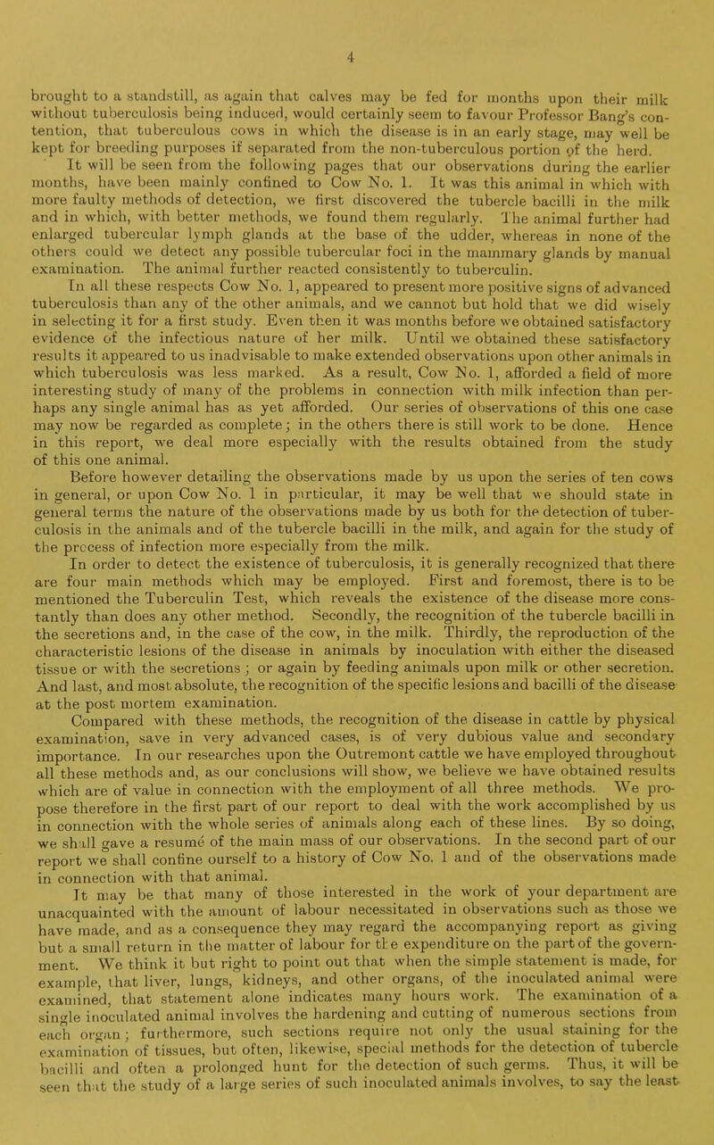 brought to a standstill, as again that calves may be fed for months upon their milk without tuberculosis being induced, would certainly seem to favour Professor Bang’s con- tention, that tuberculous cows in which the disease is in an early stage, may well be kept for breeding purposes if separated from the non-tuberculous portion pf the herd. It will be seen from the following pages that our observations during the earlier months, have been mainly contined to Cow No. 1. It was this animal in which with more faulty methods of detection, we first discovered the tubercle bacilli in the milk and in which, with better methods, we found them regularly. The animal further had enlarged tubercular lymph glands at the base of the udder, whereas in none of the others could we detect any possible tubercular foci in the mammary glands by manual examination. The animal further reacted consistently to tuberculin. In all these respects Cow No. 1, appeared to present more positive signs of advanced tuberculosis than any of the other animals, and we cannot but hold that we did wisely in selecting it for a first study. Even then it was months before we obtained satisfactory evidence of the infectious nature of her milk. Until we obtained these satisfactory results it appeared to us inadvisable to make extended observations upon other animals in which tuberculosis was less marked. As a result, Cow No. 1, afforded a field of more interesting study of many of the problems in connection with milk infection than per- haps any single animal has as yet afforded. Our series of observations of this one case may now be regarded as complete; in the others there is still work to be done. Hence in this report, we deal more especially with the results obtained from the study of this one animal. Before however detailing the observations made by us upon the series of ten cows in general, or upon Cow No. 1 in particular, it may be well that we should state in general terms the nature of the observations made by us both for the detection of tuber- culosis in the animals and of the tubercle bacilli in the milk, and again for the study of the process of infection more especially from the milk. In order to detect the existence of tuberculosis, it is generally recognized that there are four main methods which may be employed. First and foremost, there is to be mentioned the Tuberculin Test, which reveals the existence of the disease more cons- tantly than does any other method. Secondly, the recognition of the tubercle bacilli in the secretions and, in the case of the cow, in the milk. Thirdly, the reproduction of the characteristic lesions of the disease in animals by inoculation with either the diseased tissue or with the secretions ; or again by feeding animals upon milk or other secretion. And last, and most absolute, the recognition of the specific lesions and bacilli of the disease at the post mortem examination. Compared with these methods, the recognition of the disease in cattle by physical examination, save in very advanced cases, is of very dubious value and secondary importance. In our researches upon the Outremont cattle we have employed throughout all these methods and, as our conclusions will show, we believe we have obtained results which are of value in connection with the employment of all three methods. We pro- pose therefore in the first part of our report to deal with the work accomplished by us in connection with the whole series of animals along each of these lines. By so doing, we shall gave a resume of the main mass of our observations. In the second part of our report we shall confine ourself to a history of Cow No. 1 and of the observations made in connection with that animal. It may be that many of those interested in the work of your department are unacquainted with the amount of labour necessitated in observations such as those we have made, and as a consequence they may regard the accompanying report as giving but a small return in the matter of labour for tl:e expenditure on the part of the govern- ment. We think it but right to point out that when the simple statement is made, for example, that liver, lungs, kidneys, and other organs, of the inoculated animal were examined, that statement alone indicates many hours work. The examination of a single inoculated animal involves the hardening and cutting of numerous sections from each organ; furthermore, such sections require not only the usual staining for the examination of tissues, but often, likewise, special methods for the detection of tubercle bacilli and often a prolonged hunt for the detection of such germs. Thus, it will be seen that the study of a large series of such inoculated animals involves, to say the least-