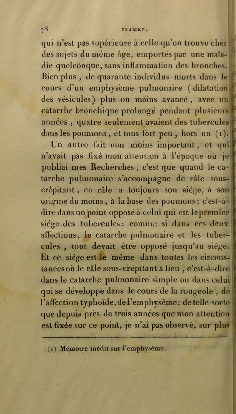 i qui n’est pas supérieure à celle qu’on trouve chez des sujets du même âge, emportés par une mala- die quelconque, sans inflammation des bronches. Bien plus, de quarante individus morts dans le cours d’un emphysème pulmonaire ( dilatation des vésicules) plus ou moins avancé , avec un catarrhe bronchique prolongé pendant plusieurs années , quatre seulement avaient des tubercules dans les poumons , et tous fort peu, hors un (i).j Un autre fait non moins important, et quu n’avait pas fixé mon attention à l’époque où je- publiai mes Recherches, c’est que quand le ca- tarrhe pulmonaire s’accompagne de râle sous-‘ crépitant, ce râle a toujours son siège, à soht origine du moins, à la base des poumons j c’est-à- dire dans un point opposé à celui qui est lepremier siège des tubercules : comme si dans ces deux affections, le catarrhe pulmonaire et les tuber- cules , tout devait être opposé jusqu’au siège. Et ce siège est le même dans toutes les circons- tances où le râle soiis-crépitant a lieu , c’est-à-dire dans le catarrhe pulmonaire simple ou dans celui qui se développe dans le cours de la rougeole , de l’affection typhoïde, de l’emphysème: de telle sorte que depuis près de trois années que mon altectioFi est fixée sur ce point, je n’ai pas observé, sur plus (i) Mémoire inédit sur l’emphysème.
