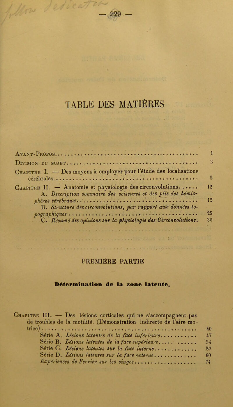 — 229 — TABLE DES MATIÈRES Avant-Propos 1 Division du sujet 3 Chapitre I. — Des moyens à employer pour l’étude des localisations cérébrales 5 Chapitre II. — Anatomie et physiologie des circonvolutions 12 A. Description sommaire des scissures et des plis des hémis~ phères cérébraux *. 12 B. Structure des circonvolutions, par rapport aux données to- pographigues 25 C. Résumé des opinions sur la physiologie des Circonvolutions. 30 PREMIÈRE PARTIE Détcrmiiiatiou de la zoue latente. Chapitre III. — Des lésions corticales qui ne s’accompagnent pas de troubles de la motilité. (Démonstration indirecte de l’aire mo- trice) 40 Série A. Lésions latentes de la face inférieure 47 Série B. Lésions latentes de la face supérieure 54 Série C. Lésions latentes sur la face interne 57 Série D. Lésions latentes sur la face externe 60 Expériences de Ferrier sur les singes 74