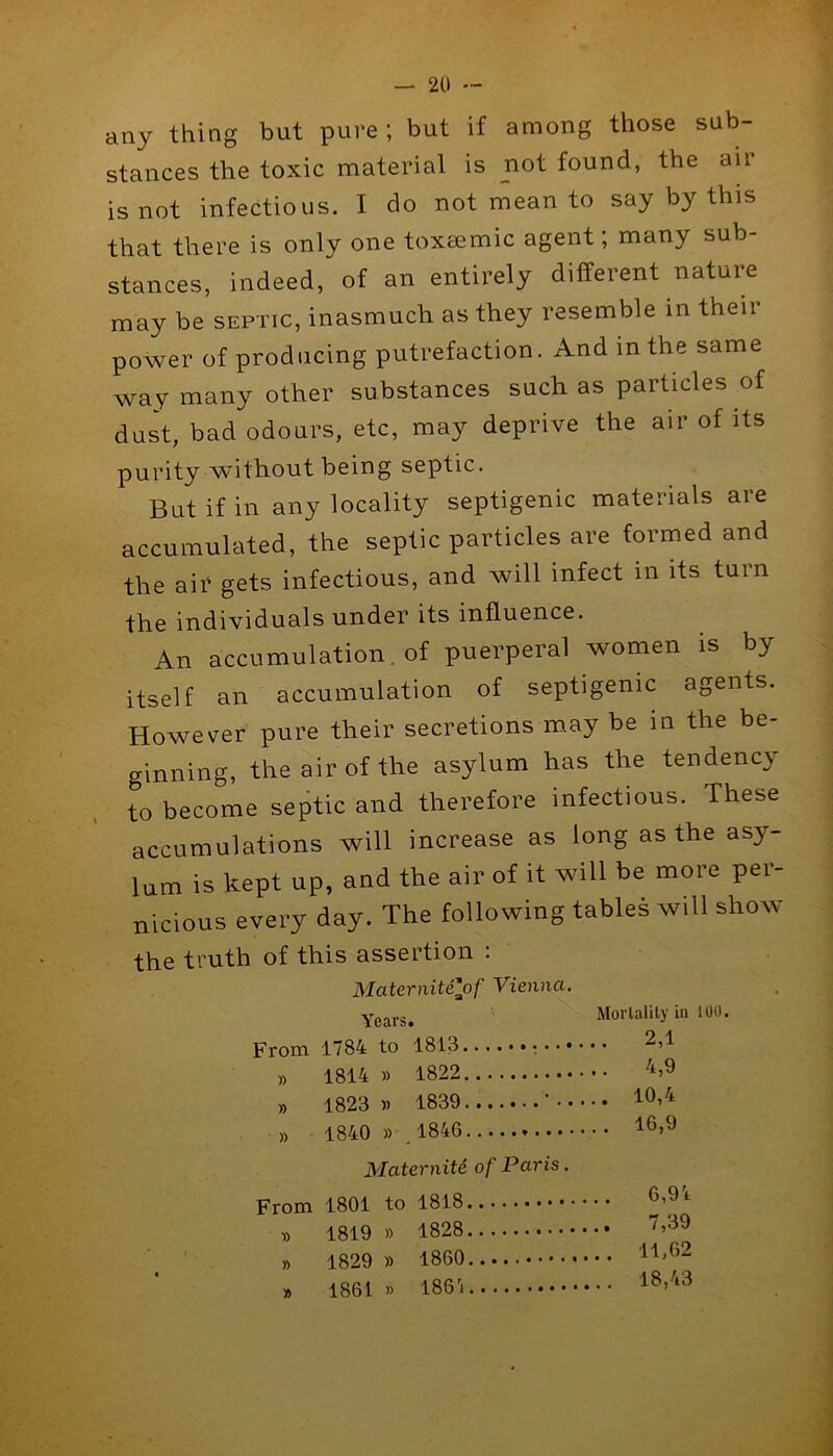 any thing but pure; but if among those sub- stances the toxic material is not found, the air is not infectious. I do not mean to say by this that there is only one toxeemic agent; many sub- stances, indeed, of an entirely different nature may be septic, inasmuch, as they resemble in their power of producing putrefaction. And in the same way many other substances such as particles of dust, bad odours, etc, may deprive the air of its purity without being septic. But if in any locality septigenic materials are accumulated, the septic particles are formed and the air gets infectious, and will infect in its turn the individuals under its influence. An accumulation, of puerperal women is by itself an accumulation of septigenic agents. However pure their secretions may be in the be- ginning, the air of the asylum has the tendency to become septic and therefore infectious. These accumulations will increase as long as the asy- lum is kept up, and the air of it will be more per- nicious every day. The following tables will show the truth of this assertion . Maternite\of Vienna. Years. Morlalily in 100. From 1784 to 1813 2,1 » 1814 » 1822 „ 1823 )) 1839 • 10/^ » 1840 » 1846 Maternite of Paris. From A Qf\A i«18 .... 6,94 loUl ^898 .... 7,39 )) loiy A QOO i8fif> 11,62 ft ft 1861 ft 186'i 18,43