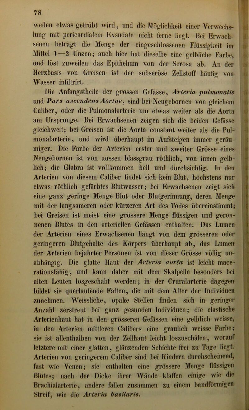 weilen etwas getrübt wird, und die Möglichkeit einer Verwechs- lung- mit pericardialem Exsudate nicht ferne liegt. Bei Erwach- senen beträgt die Menge der eingeschlossenen Flüssigkeit im Mittel 1—2 Unzen; auch hier hat dieselbe eine gelbliche Farbe, und löst zuweilen das Epithebum von der Serosa ab. An der Herzbasis von Greisen ist der subseröse Zellstoff häufig von Wasser infiltrirt. Die Anfangstheile der grossen Gefässe, Arteria pulmonalis und Pars ascendens Aortae, sind bei Neugebornen von gleichem Caliber, oder die Puhnonalarterie um etwas weiter als die Aorta am Ursprünge. Bei Erwachsenen zeigen sich die beiden Gefässe gleichweil; bei Greisen ist die Aorta constant weiter als die Pul- monalarterie, und wird überhaupt im Aufsteigen immer geräu- miger. Die Farbe der Arterien erster und zweiter Grösse eines Neugebornen ist von aussen blassgrau röthlich, von innen gelb- lich; die Glabra ist vollkommen hell und durchsichtig. In den Arterien von diesem Caliber findet sich kein Blut, höchstens nur etwas röthlich gefärbtes Blutwasser; bei Erwachsenen zeigt sich eine ganz geringe Menge Blut oder Blutgerinnung, deren Menge mit der langsameren oder kürzeren Art des Todes übereinstimmt; bei Greisen ist meist eine grössere Menge flüssigen und geron- nenen Blutes in den arteriellen Gefassen enthalten. Das Lumen der Arterien eines Erwachsenen hängt von dem grösseren oder geringeren Blutgehalte des Körpers überhaupt ab, das Lumen der Arterien bejahrter Personen ist von dieser Grösse völlig un- abhängig. Die glatte Haut der Arteria aorta ist leicht mace- rationsfähig, und kann daher mit dem Skalpelle besonders bei alten Leuten losgeschabt werden; in der Cruralarterie dagegen bildet sie querlaufende Falten, die mit dem Alter der Individuen zunehmen. Weissliche, opake Stellen finden sich in geringer Anzahl zerstreut bei ganz gesunden Individuen; die elastische Arterienhaut hat in den grösseren Gelassen eine gelblich weisse, in den Arterien mittleren Calibers eine graulich weisse Farbe; sie ist allenthalben von der Zellhaut leicht loszuschälen, worauf letztere mit einer glatten, glänzenden Schichte frei zu Tage liegt. Arterien von geringerem Caliber sind bei Kindern durchscheinend, fast wie Venen; sie enthalten eine grössere Menge flüssigen Blutes; nach der Dicke ihrer Wände klaffen einige wie die Brachialarterie, andere fallen zusammen zu einem bandförmigen Streif, wie die Arteria basilaris.