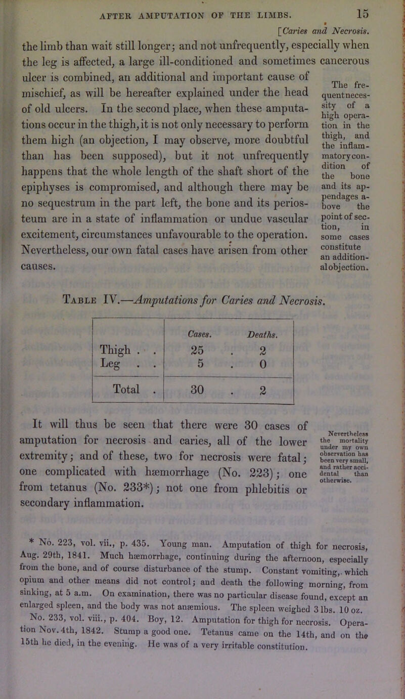 [^Caries and Necrosis. the limb than wait still longer; and not unfrequently^ especially when the leg is affected, a large ill-conditioned and sometimes cancerous ulcer is combined, an additional and important cause of mischief, as will be hereafter explained under the head of old ulcers. In the second place, when these amputa- tions occur in the thigh, it is not only necessary to perform them high (an objection, I may observe, more doubtful than has been supposed), but it not unfrequently happens that the whole length of the shaft short of the epiphyses is compromised, and although there may be no sequestrum in the part left, the bone and its perios- teum are in a state of inflammation or undue vascular excitement, circumstances unfavourable to the operation. Nevertheless, our own fatal cases have arisen from other causes. The fre- quentneces- sity of a high opera- tion in the thigh, and the inflam- matory con- dition of the bone and its ap- pendages a- bove the point of sec- tion, in some cases constitute an addition- al objection. Table IV.—Amputations for Caries and Necrosis. Thigh . . Leg . . Cases. Deaths. 25 . 2 5 . 0 Total . 30 . 2 It will thus be seen that there were 30 cases of amputation for necrosis-and caries, all of the lower extremity; and of these, two for necrosis were fatal ; one complicated >vith hemorrhage (No. 223); one from tetanus (No. 233*); not one from phlebitis or secondary inflammation. Ncvertbeleas the mortality under my own obserration baa been very smalli and rather acci* dental than otherwiae. * No. 223, vol. vii., p. 435, Young man. Amputation of thigh for necrosis, Aug. 29th, 1841, Much haemorrhage, continuing during the afternoon, especially from the bone, and of course disturbance of the stump. Constant vomiting,, which opium and other means did not control; and death the following morning, from sinking, at 5 a.m. On examination, there was no particular disease found, except an enlarged spleen, and the body was not anaemious. The spleen weighed 3 lbs. 10 oz. No. 233, vol. viii., p. 404. Boy, 12. Amputation for thigh for necrosis. Opera- tion Nov. 4th, 1842. Stump a good one. Tetanus came on the 14th, and on the 15th he died, in the evening. He was of a very irritable constitution.