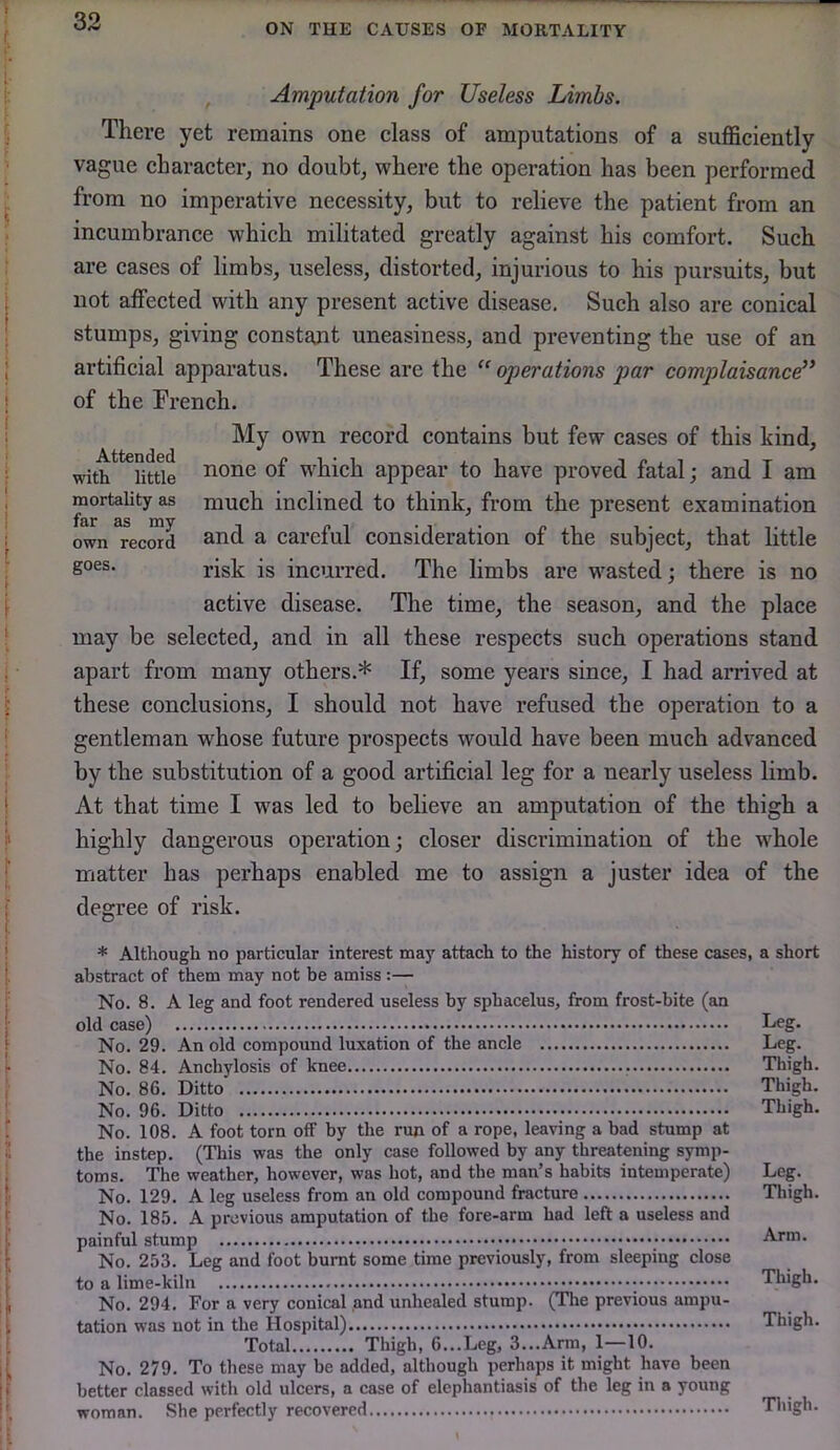 ON THE CAUSES OF MORTALITY ! , Amputation for Useless Limbs. There yet remains one class of amputations of a sufficiently vague character, no doubt, where the operation has been performed , from no imperative necessity, but to relieve the patient from an incumbrance which militated greatly against his comfort. Such • are cases of limbs, useless, distorted, injurious to his pursuits, but not alfected with any present active disease. Such also are conical stumps, giving constant uneasiness, and preventing the use of an I artificial apparatus. These are the “ operations par complaisance’* [ of the Trench. I My own record contains but few cases of this kind, I with little none of w^hich appear to have proved fatal; and I am j mortality as much inclined to think, from the present examination I own^recmd &nd a careful consideration of the subject, that little r goes. jg incurred. The limbs are wasted; there is no j; active disease. The time, the season, and the place [ may be selected, and in all these respects such operations stand i apart from many others.* If, some years since, I had arrived at i these conclusions, I should not have refused the operation to a gentleman w'hose future prospects would have been much advanced j by the substitution of a good artificial leg for a nearly useless limb. I At that time I was led to believe an amputation of the thigh a f highly dangerous operation; closer discrimination of the w'hole [ matter has perhaps enabled me to assign a juster idea of the I degree of risk. i * Althougli no particular interest may attach to the history of these cases, a short j. abstract of them may not be amiss:— I No. 8. A leg and foot rendered useless by sphacelus, from frost-bite (an I old case) Leg. I No. 29. An old compound luxation of the ancle Leg. !• No. 84. Anchylosis of knee Thigh. ; No. 86. Ditto Thigh. I No. 96. Ditto Thigh. ^ No. 108. A foot torn off by the run of a rope, leaving a bad stump at the instep. (This was the only case followed by any threatening symp- ! toms. The weather, however, was hot, and the man’s habits intemperate) Leg. No. 129. A leg useless from an old compound fracture Thigh. t No. 185. A previous amputation of the fore-arm had left a useless and painful stump Arm. No. 253. Leg and foot burnt some time previously, from sleeping close to a lime-kiln Thigh. I No. 294. For a very conical and unhealed stump. (The previous ampu- I tation was not in the Hospital) Thigh. I Total Thigh, 6...Leg, 3...Arm, 1—10. [ No. 279. To these may be added, although perhaps it might have been [ better classed with old ulcers, a case of elephantiasis of the leg in a young i woman. She perfectly recovered Thigh.