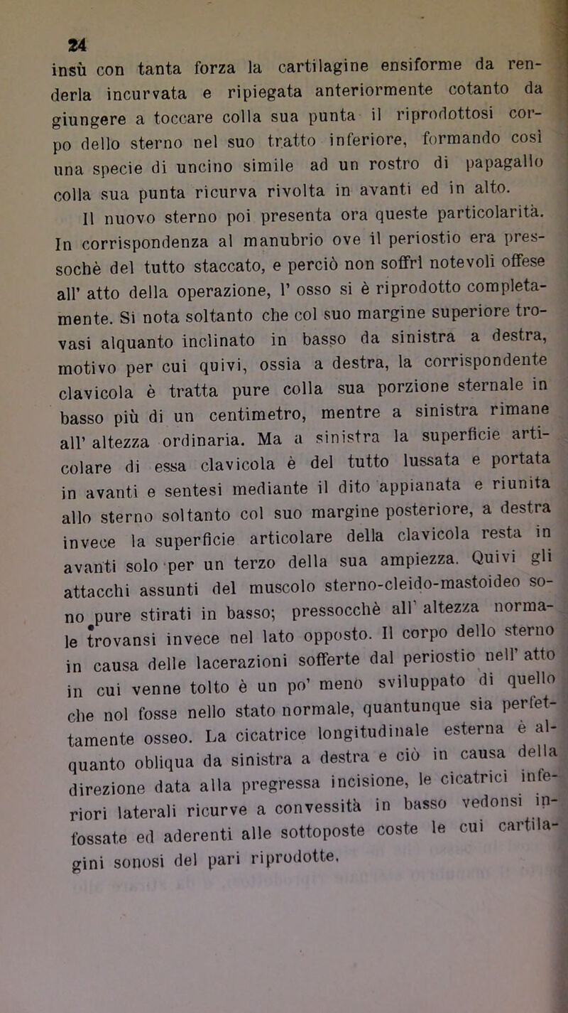 34 insù con tanta forza la cartilagine ensiforme da ren- derla incurvata e ripiegata anteriormente cotanto da giungere a toccare colla sua punta il riprodottosi col- po dello sterno nel suo tratto inferiore, formando così una specie di uncino simile ad un rostro di papagallo colla sua punta ricurva rivolta in avanti ed in alto. Il nuovo sterno poi presenta ora queste particolarità. In corrispondenza al manubrio ove il periostio era pres- soché del tutto staccato, e perciò non soffri notevoli offese air atto della operazione, 1’ osso si è riprodotto compieta- mente. Si nota soltanto che col suo margine superiore tro- vasi alquanto inclinato in basso da sinistra a destra, motivo per cui quivi, ossia a destra, la corrispondente clavicola è tratta pure colla sua porzione sternale in basso più di un centimetro, mentre a sinistra rimane all’ altezza ordinaria. Ma a sinistra la superficie arti- colare di essa clavicola è del tutto lussata e portata in avanti e sentesi mediante il dito appianata e riunita allo sterno soltanto col suo margine posteriore, a destra invece la superficie articolare della clavicola resta in avanti solo’per un terzo della sua ampiezza. Quivi gli attacchi assunti del muscolo sterno-cleido-raastoideo so- no pure stirati in basso; pressocchè all’ altezza norma- le trovansi invece nel lato opposto. Il corpo dello sterno in causa delle lacerazioni sofferte dal periostio nell atto in cui venne tolto è un po’ meno sviluppato di quello che noi fosse nello stato normale, quantunque sia perfet- tamente osseo. La cicatrice longitudinale esterna e al- quanto obliqua da sinistra a destra e ciò in causa della direzione data alla pregressa incisione, le cicatrici infe- riori laterali ricurve a convessità in basso vedonsi in- fossate ed aderenti alle sottoposte coste le cui cartila- gini sonosi del pari riprodotte.