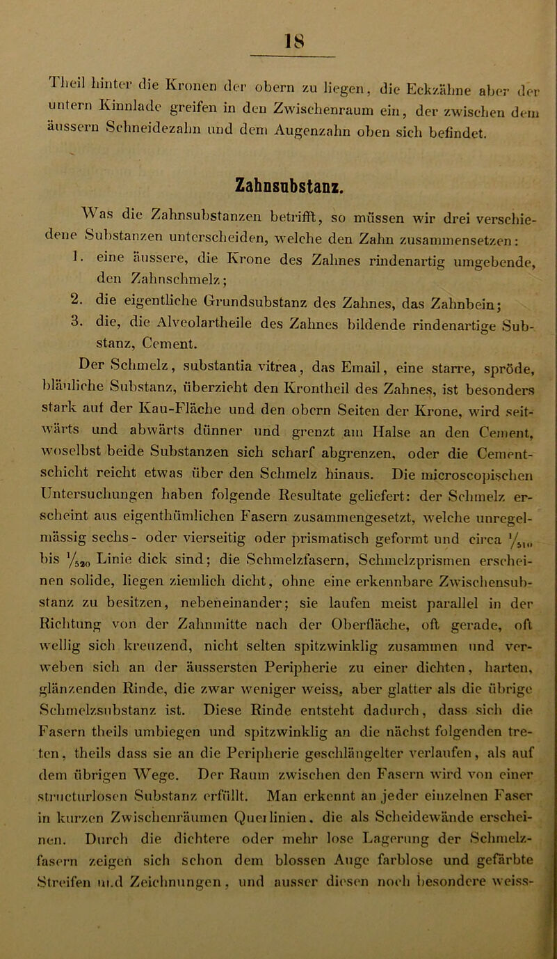 IS 'llieil hinter die Kronen der obern zu liegen, die Eckzähne aber der untern Kinnlade greifen in den Zwischenraum ein, der zwischen dein äussern Schneidezahn und dem Augenzahn oben sich befindet. Zahnsnbstanz. Was die Zahnsubstanzen betrifft, so müssen wir drei verschie- dene Substanzen unterscheiden, welche den Zahn zusammensetzen: 1. eine äussere, die Krone des Zahnes rindenartig umgebende, den Zahnschmelz; 2. die eigentliche Grundsubstanz des Zahnes, das Zahnbein; 3. die, die Alveolartheile des Zahnes bildende rindenartige Sub- stanz, Gement. Der Schmelz, substantia vitrea, das Email, eine starre, spröde, bläuliche Substanz, überzieht den Krontheil des Zahnes, ist besonders stark auf der Kau-Häche und den obern Seiten der Krone, wird seit- wärts und abwärts dünner und grenzt am Halse an den Cement, woselbst beide Substanzen sich scharf abgrenzen, oder die Cement- schiclit reicht etwas über den Schmelz hinaus. Die microscopischen Untersuchungen haben folgende Resultate geliefert: der Schmelz er- scheint aus eigentümlichen Fasern zusammengesetzt, welche unregel- mässig sechs- oder vierseitig oder prismatisch geformt und circa '/M(1 bis Vsao Linie dick sind; die Schmelzfasern, Schmelzprismen erschei- nen solide, liegen ziemlich dicht, ohne eine erkennbare Zwischensub- stanz zu besitzen, nebeneinander; sie laufen meist parallel in der Richtung von der Zahnmitte nach der Oberfläche, oft gerade, oft wellig sich kreuzend, nicht selten spitzwinklig zusammen und ver- weben sich an der äussersten Peripherie zu einer dichten, harten, glänzenden Rinde, die. zwar weniger weiss, aber glatter als die übrige Schmelzsubstanz ist. Diese Rinde entsteht dadurch, dass sich die Fasern theils umbiegen und spitzwinklig an die nächst folgenden tre- ten, theils dass sie an die Peripherie geschlängelter verlaufen, als auf dem übrigen Wege. Der Raum zwischen den Fasern wird von einer structurlosen Substanz erfüllt. Man erkennt an jeder einzelnen Faser in kurzen Zwischenräumen Qucilinien, die als Scheidewände erschei- nen. Durch die dichtere oder mehr lose Lagerung der Schmelz- fasern zeigen sich schon dem blossen Auge farblose und gefärbte Streifen m.d Zeichnungen, und ausser diesen noch besondere weiss-