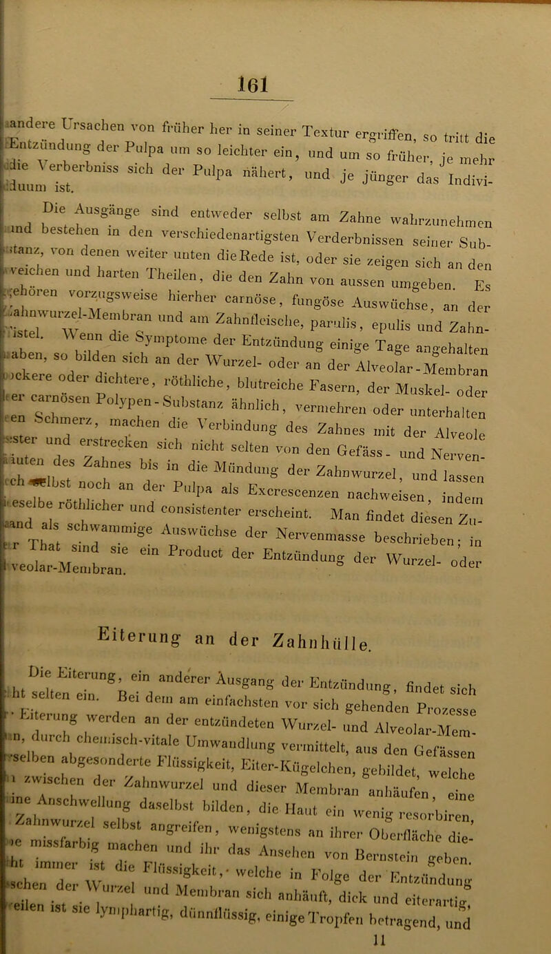 / ländere Ursachen von früher her in seiner Textur ergriffen so tritt ff der ™ ^ ein, und um ^ “ SiCh del' P“‘Pa Aähert’ und je j“ger das Indivi- Die Ausgänge sind entweder selbst am Zahne wahre.,,„eh,nen nd bestehen m den verschiedenartigsten Verderbnissen seiner Sub- ■ ‘tanz, von denen weiter unten dieRede ist, oder sie zeigen sich an den vetehen und harten Theiien, die den Zahn von aussen umgeben p ,e O.en vorzugsweise hierher carnöse, fungüse Auswüchse, an der “ TT Und am ZahnfldSd,e’ epuü, und Zahn- nn die Symptome der Entzündung einige Tage aivehalten itaben, so bilden sieh an der Wurzel- oder a.^ derllveofar-^nbran , ickere oder dichtere, röthliche, blutreiche Fasern, der Muskel- oder .er carnösen Polypen-Substanz ähnlich, vermehren oder ^ ha en en Schmerz, machen die Verbindung des Zahnes mit der Alvelle cster und erstrecken sich nicht selten von den Gefäss. „nd Nerven tch“ s7 a ’eS f in dieMand“g der Zahnwurzel, und lassen ich «‘bst noch an der Pulpa als Exeresoenzen nachweisen indem ceselbe rothhcher und consistenter erscheint. Man findet diesen Z„- r That ' Iaram,ge A“swachse Nervenmasse beschrieben, in “ Pr0dUC‘ ^ ** Wurzel- oder Eiterung an der Zahnhülle. , ht sl?e!ulngnein, 3ndeW AUSganS del' ^otziiridung, findet sich Kitp ' ’ ,Be‘ df,n‘ am C'olachsten vor sich gehenden Prozesse E erung werden an der entzündeten Wurzel- und Alveolar-Mem un, durch chemisch-vitale Umwandlung vermittelt, aus den Gelass™ se ben abgesonderte Flüssigkeit, Eiter-Kügelchen, gebildet, welche zwischen der Zahnwurzel und dieser Membran anhäufen eine me Anschwellung daselbst bilden, die Haut ein wenig resorbiren inwurzel selbst angreifen, wenigstens an ihrer Oberfläche die- m missfarbig machen und ihr das Ansehen von Bernstein geben ht immer ist d.e Flüssigkeit,- welche in Folge der ■sehen der \V urzeI und Membran sich anhäuft, dick „nd eiterartig n .s sie lympl,artig, dünnflüssig, einige Tropfen betragend, und 11