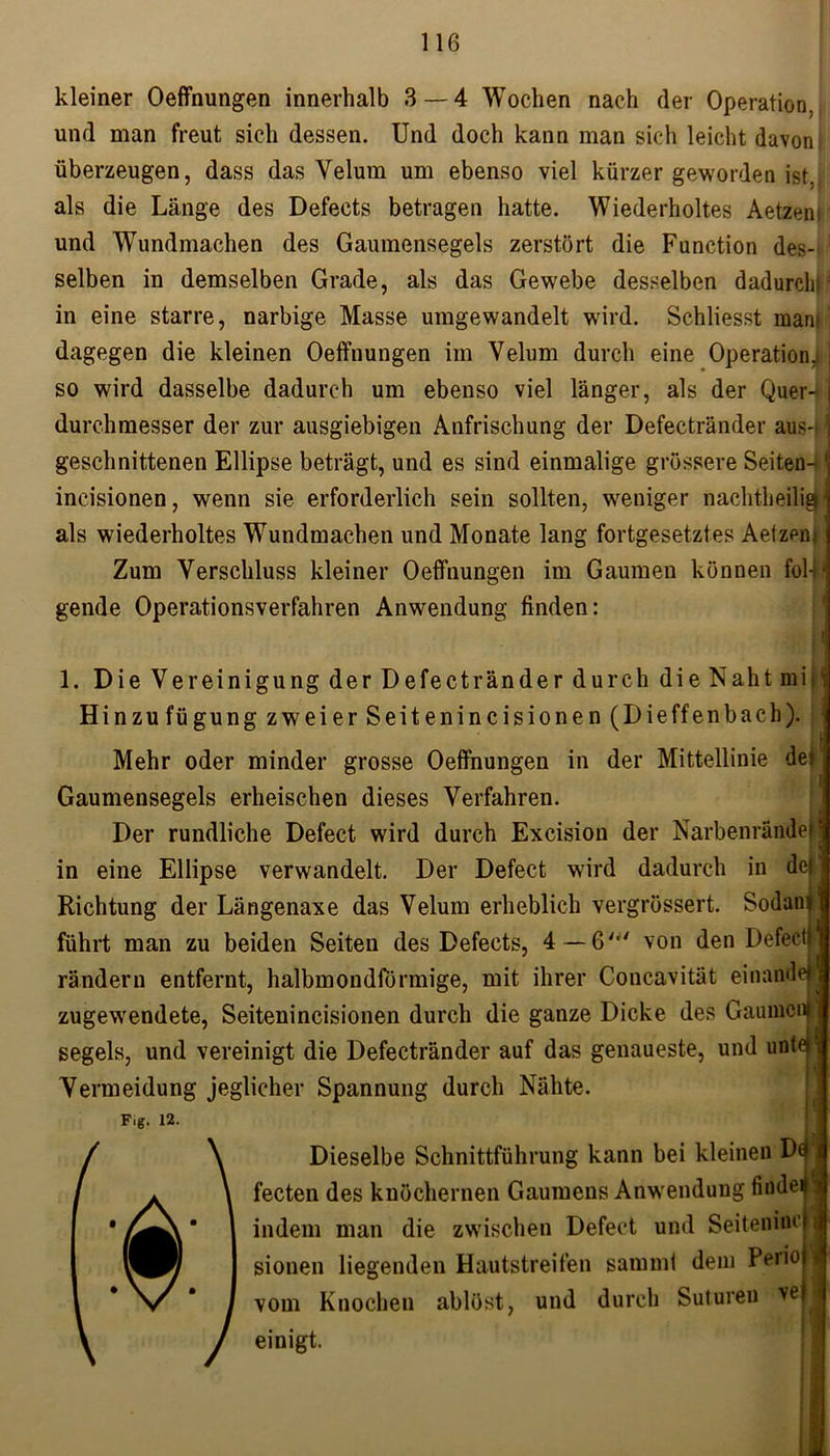 kleiner Oeffnungen innerhalb 3 — 4 Wochen nach der Operation, und man freut sich dessen. Und doch kann man sich leicht davoni überzeugen, dass das Velum um ebenso viel kürzer geworden ist, als die Länge des Defects betragen hatte. Wiederholtes Aetzen und Wundmachen des Gaumensegels zerstört die Function des- selben in demselben Grade, als das Gewebe desselben dadurch!; in eine starre, narbige Masse umgewandelt wird. Schliesst man» , dagegen die kleinen Oeffnungen im Velum durch eine Operation,! j so wird dasselbe dadurch um ebenso viel länger, als der Quer i durchmesser der zur ausgiebigen Anfrischung der Defectränder aus-»j geschnittenen Ellipse beträgt, und es sind einmalige grössere Seiten-* incisionen, wenn sie erforderlich sein sollten, weniger nachtheilig' als wiederholtes Wundmachen und Monate lang fortgesetztes Aetzem Zum Verschluss kleiner Oeffnungen im Gaumen können fol-p gende Operationsverfahren Anwendung finden: 1. Die Vereinigung der Defectränder durch die Naht mi:1 Hinzufügung zweier Seitenincisionen (Dieffenbach). Mehr oder minder grosse Oeffnungen in der Mittellinie de} Gaumensegels erheischen dieses Verfahren. Der rundliche Defect wird durch Excision der Narbenrändeij in eine Ellipse verwandelt. Der Defect wird dadurch in det Richtung der Längenaxe das Velum erheblich vergrössert. Sodani führt man zu beiden Seiten des Defects, 4 — 6' von den Defect rändern entfernt, halbmondförmige, mit ihrer Concavität einander zugewendete, Seitenincisionen durch die ganze Dicke des Gaumen segels, und vereinigt die Defectränder auf das genaueste, und unter Vermeidung jeglicher Spannung durch Nähte. Fig. 12. Dieselbe Schnittführung kann bei kleinen Dd 1 fecten des knöchernen Gaumens Anwendung findet • J indem man die zwischen Defect und Seitenmc sionen liegenden Hautstreifen sannnt dem Perio vom Knochen ablöst, und durch Sutureu ve einigt.