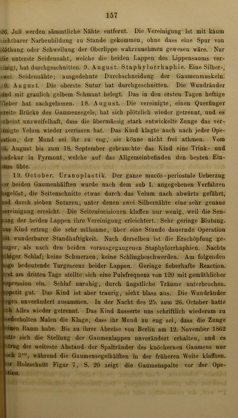 26. Juli werden sämmtliche Nähte entfernt. Die Vereinigung ist mit kaum ächtbarer Narbenbildung zu Stande gekommen, ohne dass eine Spur von löthung oder Schwellung der Oberlippe wahrzunehmen gewesen wäre. Nur de unterste Seidennaht, welche die beiden Lappen des Lippensaums ver- iuigt, hat durchgeschnitten. 9. August. Staphy lorrhaphie. Eine Silber-, wei Seidennähte; ausgedehnte Durchschneidung der Gaumenmuskeln. 0. August. Die oberste Sutur hat durchgeschnitten. Die Wundränder ind mit graulich gelbem Schmant belegt. Das in den ersten Tagen heftige 'ieber hat nachgelassen. 18. August. Die vereinigte, einen Querfinger :reite Brücke des Gaumensegels, hat sich plötzlich wieder getrennt, und es cheiut unzweifelhaft, dass die übermässig stark entwickelte Zunge das ver- inigte Yelura wieder zerrissen hat. Das Kind klagte auch nach jeder Ope- lition, der Mund sei ihr zu eng, sie könne nicht frei athmen. Vom 6. August bis zum 18. September gebrauchte das Kind eine Trink- und ; adekur in Pyrmont, welche auf das Allgemeinbefinden den besten Ein- uss übte. 19. October. Uranoplastik. Der ganze mucös-periostale Ueberzug : *r beiden Gaumenhälften wurde nach dem sub 1. angegebenen Verfahren i jgelöst, die Seitenschnitte etwas durch das Velum nach abwärts geführt, had durch sieben Suturen, unter denen zwei Silbernähte eine sehr genaue -ereinigung erreicht. Die Seiteuincisionen klaffen nur wenig, weil die Sen- ji.ing der beiden Lappen ihre Vereinigung erleichtert. Sehr geringe Blutung, sas Kind ertrug die sehr mühsame, über eine Stunde dauernde Operation iit wunderbarer Standhaftigkeit. Nach derselben ist die Erschöpfung ge- !/jger, als nach den beiden vorausgegangenen Staphylorrhaphien. Nachts 1. higer Schlaf; keine Schmerzen, keine Schlingbeschwerden. Am folgenden rtige bedeutende Turgeseenz beider Lappen. Geringe fieberhafte Reaction. ; -st am dritten Tage stellte sich eine Pulsfrequenz von 120 mit gemüthlicher •epression ein. Schlaf unruhig, durch ängstliche Träume unterbrochen, p apetit gut. Das Kind ist aber traurig, sieht blass aus. Die Wundränder '“gen unverändert zusammen. In der Nacht des 25. zum 26. October hatte :h Alles wieder getrennt. Das Kind äusserte uns schriftlich wiederum zu i-ederholten Malen die Klage, dass ihr Mund zu eng sei, dass die Zunge i inen Raum habe. Bis zu ihrer Abreise von Berlin am 12. November 1862 fütte sich die Stellung der Gaumenlappen unverändert erhalten, und es trug der weiteste Abstand der Spaltränder des knöchernen Gaumens nur •ch 3', während die Gaumensegelhälften in der früheren Weite klafften. ;r Holzschnitt Figur 7, S. 20 zeigt die Gaumenspalte vor der Ope- 8 : tion.