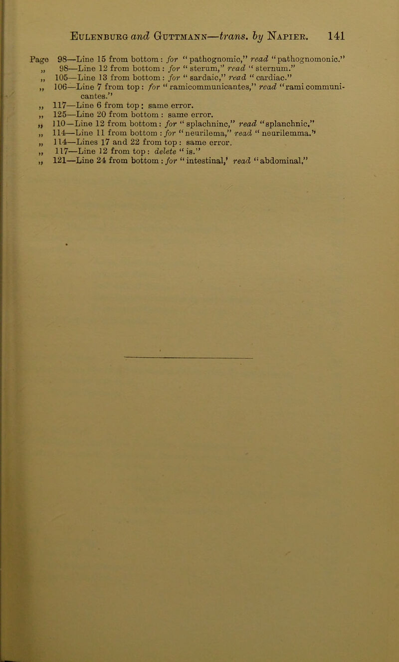 Page 98—Line 15 from bottom: for “pathognomic,” read “pathognomonic.” „ 98—Line 12 from bottom : for “ sterum,” read “ sternnm.” „ 105—Line 13 from bottom : for “ sardaic,” read “ cardiac.” „ 106—Line 7 from top : for “ ramicommunicantes,” read “rami communi- cantes.” „ 117—Line 6 from top ; same error. „ 125—Line 20 from bottom : same error. „ 110—Line 12 from bottom: for “ splachninc,” read “splanchnic.” „ 114—Line 11 from bottom : for “neurilema,” read “ nenrilemma.’’ „ 114—Lines 17 and 22 from top : same error. „ 117—Line 12 from top : delete “ is.” „ 121—Line 24 from bottom : for “intestinal,’ read “abdominal,”