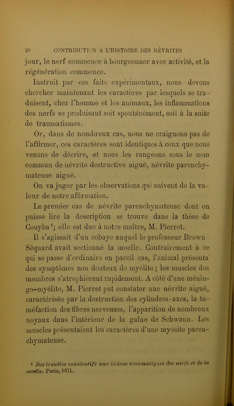 jour, le nerf commence à bourgeonner avec activité, et la régénération commence. Instruit par ces faits expérimentaux, nous devons chercher maintenant les caractères par lesquels se tra - duisent, chez l’homme et les animaux, les inflammations des nerfs se produisant soit spontanément, soit à la suite de traumatismes. Or, dans de nombreux cas, nous ne craignons pas de l’affirmer, ces caractères sont identiques à ceux que nous venons de décrire, et nous les rangeons sous le nom commun de névrite destructive aiguë, névrite parenchy- mateuse aiguë. On va juger par les observations qui suivent de la va- leur de notre affirmation. Le premier cas de névrite parenchymateuse dont on puisse lire la description se trouve dans la thèse de Couyba1; elle est due à notre maître, M. Pierret. Il s’agissait d’un cobaye auquel le professeur Brown - Séquard avait sectionné la moelle. Contrairement à ce qui se passe d’ordinaire en pareil cas, l’animal présenta des symptômes non douteux de myélite ; les muscles des membres s’atrophièrent rapidement. A côté d’une ménin- go-myélite, M. Pierret put constater une névrite aiguë, caractérisée par la destruction des cylindres-axes, la tu- méfaction des fibres nerveuses, l’apparition de nombreux noyaux dans l’intérieur de la gaîne de Schwarm. Les muscles présentaient les caractères d’une myosite paren- chymateuse. i Des troubles consécutifs aux lésions traumatiques des nerfs et de la ■moelle. Paris, 1871.