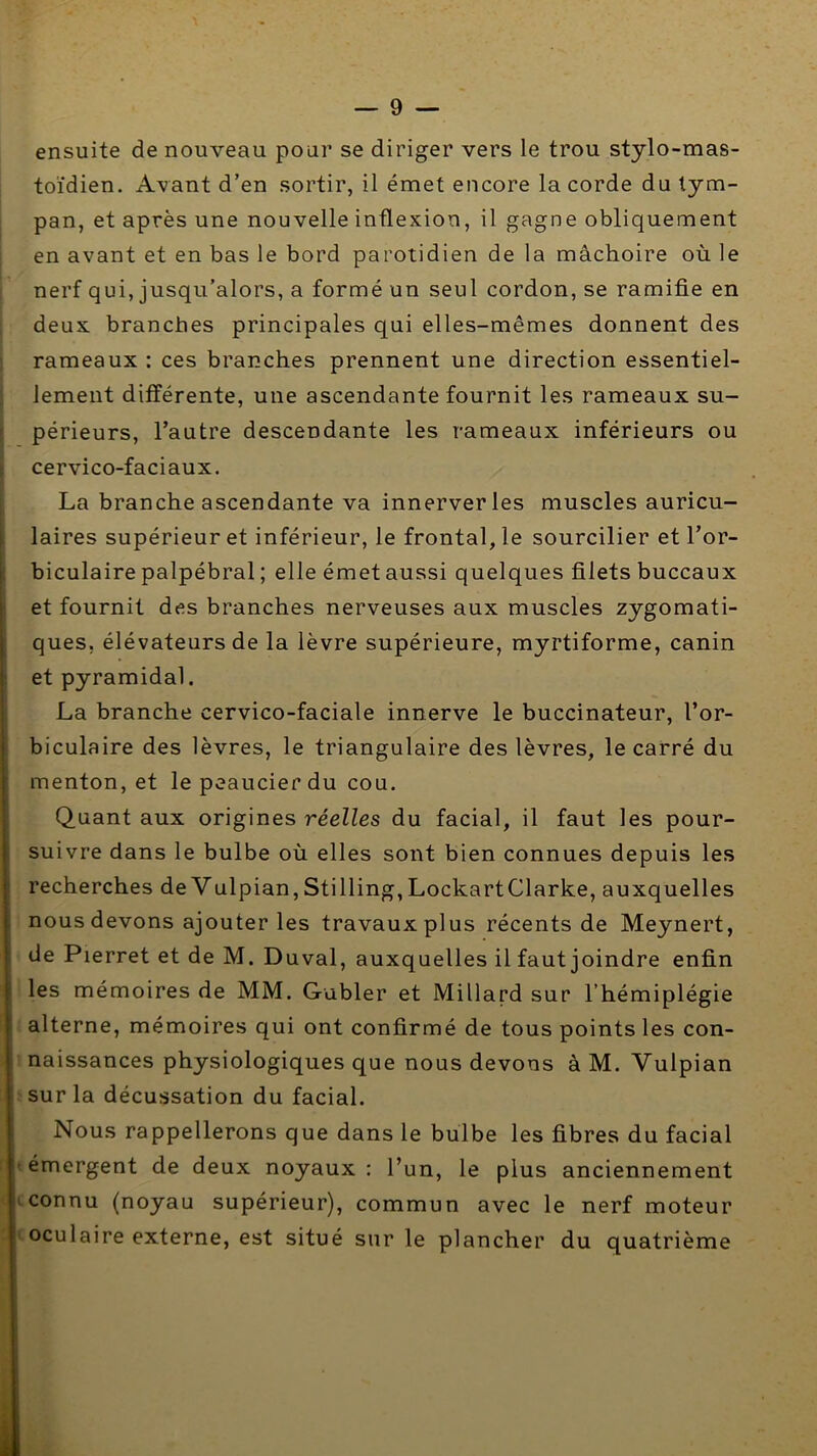 ensuite de nouveau pour se diriger vers le trou stylo-mas- toïdien. Avant d’en sortir, il émet encore la corde du lym- j pan, et après une nouvelle inflexion, il gagne obliquement en avant et en bas le bord parotidien de la mâchoire où le nerf qui, jusqu’alors, a formé un seul cordon, se ramifie en deux branches principales qui elles-mêmes donnent des I rameaux : ces branches prennent une direction essentiel- I lement différente, une ascendante fournit les rameaux su- I périeurs, l’autre descendante les rameaux inférieurs ou ' cervico-faciaux. La branche ascendante va innerver les muscles auricu- laires supérieur et inférieur, le frontal, le sourcilier et l’or- : biculaire palpébral ; elle émet aussi quelques filets buccaux I et fournit des branches nerveuses aux muscles zygomati- ques, élévateurs de la lèvre supérieure, myrtiforme, canin I et pyramidal. La branche cervico-faciale innerve le buccinateur, l’or- biculaire des lèvres, le triangulaire des lèvres, le carré du menton, et le peaucierdu cou. Quant aux origines réelles du facial, il faut les pour- suivre dans le bulbe où elles sont bien connues depuis les recherches de Vulpian, Stilling, LockartClarke, auxquelles nous devons ajouter les travaux plus récents de Meynert, de Pierret et de M. Duval, auxquelles il faut joindre enfin les mémoires de MM. Gabier et Millard sur l’hémiplégie alterne, mémoires qui ont confirmé de tous points les con- naissances physiologiques que nous devons à M. Vulpian sur la décussation du facial. Nous rappellerons que dans le bulbe les fibres du facial (émergent de deux noyaux: l’un, le plus anciennement iconnu (noyau supérieur), commun avec le nerf moteur ' oculaire externe, est situé sur le plancher du quatrième