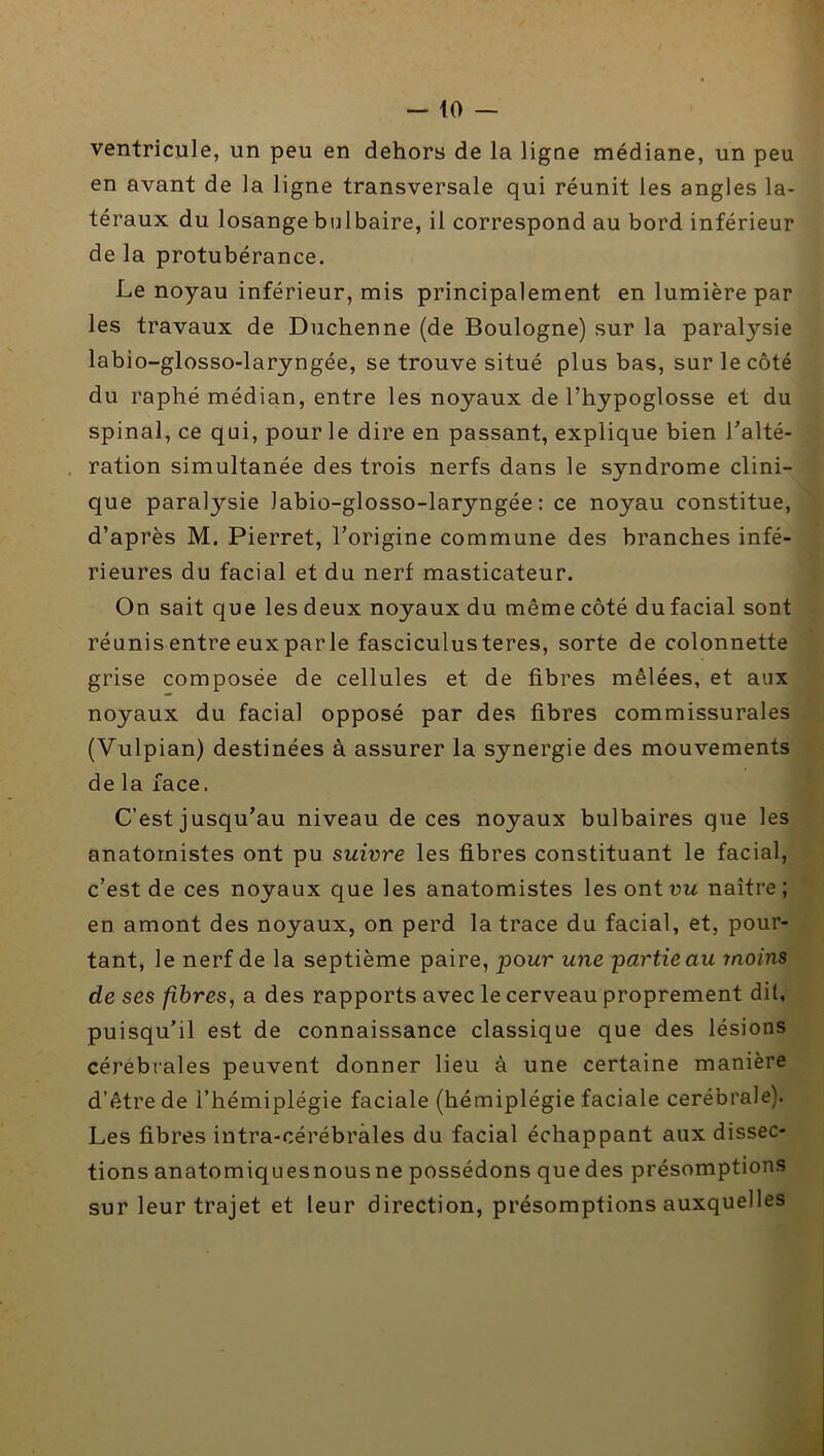 ventricule, un peu en dehors de la ligne médiane, un peu en avant de la ligne transversale qui réunit les angles la- téraux du losange bulbaire, il correspond au bord inférieur de la protubérance. Le noyau inférieur, mis principalement en lumière par les travaux de Duchenne (de Boulogne) sur la paralysie labio-glosso-laryngée, se trouve situé plus bas, sur le côté du raphé médian, entre les noyaux de l’hypoglosse et du spinal, ce qui, pour le dire en passant, explique bien l’alté- ration simultanée des trois nerfs dans le syndrome clini- que paralysie labio-glosso-laryngée: ce noyau constitue, d’après M. Pierret, l’origine commune des branches infé- rieures du facial et du nerf masticateur. On sait que les deux noyaux du même côté du facial sont réunis entre eux par le fasciculusteres, sorte de colonnette grise composée de cellules et de fibres mêlées, et aux noyaux du facial opposé par des fibres commissurales (Vulpian) destinées à assurer la synergie des mouvements de la face. C’est jusqu’au niveau de ces noyaux bulbaires que les anatomistes ont pu suivre les fibres constituant le facial, c’est de ces noyaux que les anatomistes les ontuw naître; en amont des noyaux, on perd la trace du facial, et, pour- tant, le nerf de la septième paire, pour une partie au moins de ses fibres, a des rapports avec le cerveau proprement dil, puisqu’il est de connaissance classique que des lésions cérébrales peuvent donner lieu à une certaine manière d’être de l’hémiplégie faciale (hémiplégie faciale cérébrale). Les fibres intra-cérébrales du facial échappant aux dissec- tions anatomiquesnousne possédons quedes présomptions sur leur trajet et leur direction, présomptions auxquelles