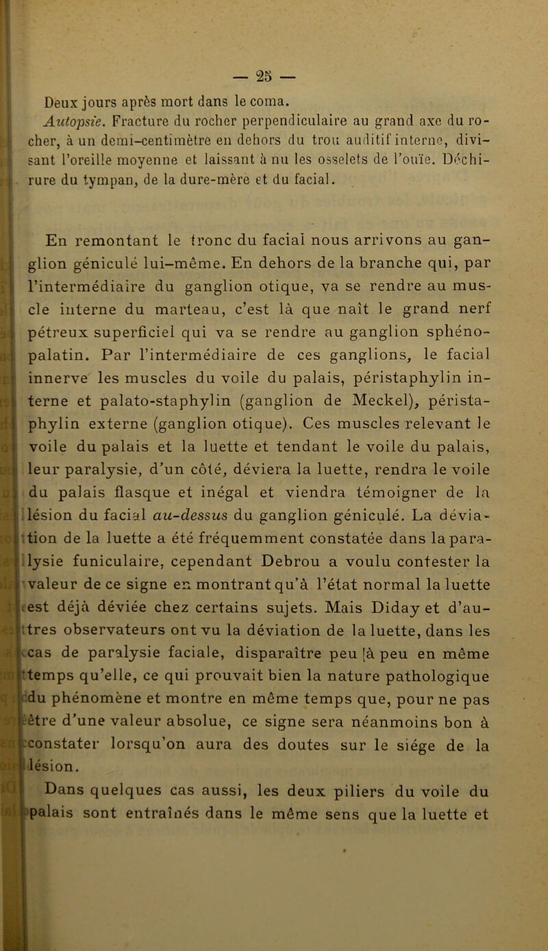 Deux jours après mort dans le coma. Autopsie. Fracture du rocher perpendiculaire au grand axe du ro- cher, à un demi-centimètre en dehors du trou auditif interne, divi- sant l’oreille moyenne et laissant à nu les osselets de l’ouïe. Déchi- rure du tympan, de la dure-mère et du facial. En remontant le tronc du facial nous arrivons au gan- glion géniculé lui-même. En dehors de la branche qui, par l’intermédiaire du ganglion otique, va se rendre au mus- cle interne du marteau, c’est là que naît le grand nerf I pétreux superficiel qui va se rendre au ganglion sphéno- 1 palatin. Par l’intermédiaire de ces ganglions, le facial 1 innerve les muscles du voile du palais, péristaphylin in- i. terne et palato-staphylin (ganglion de Meckel), pérista- I phylin externe (ganglion otique). Ces muscles relevant le I voile du palais et la luette et tendant le voile du palais, I leur paralysie, d’un côté, déviera la luette, rendra le voile i du palais flasque et inégal et viendra témoigner de la I lésion du facial au-dessus du ganglion géniculé. La dévia- I tion de la luette a été fréquemment constatée dans la para- lysie funiculaire, cependant Debrou a voulu contester la valeur de ce signe en montrant qu’à l’état normal la luette ;est déjà déviée chez certains sujets. Mais Diday et d’au- fltres observateurs ont vu la déviation de la luette, dans les j. cas de paralysie faciale, disparaître peu là peu en même !temps qu’elle, ce qui prouvait bien la nature pathologique du phénomène et montre en même temps que, pour ne pas iêtre d’une valeur absolue, ce signe sera néanmoins bon à ■ constater lorsqu’on aura des doutes sur le siège de la i lésion. i Dans quelques cas aussi, les deux piliers du voile du >i ‘Palais sont entraînés dans le même sens que la luette et