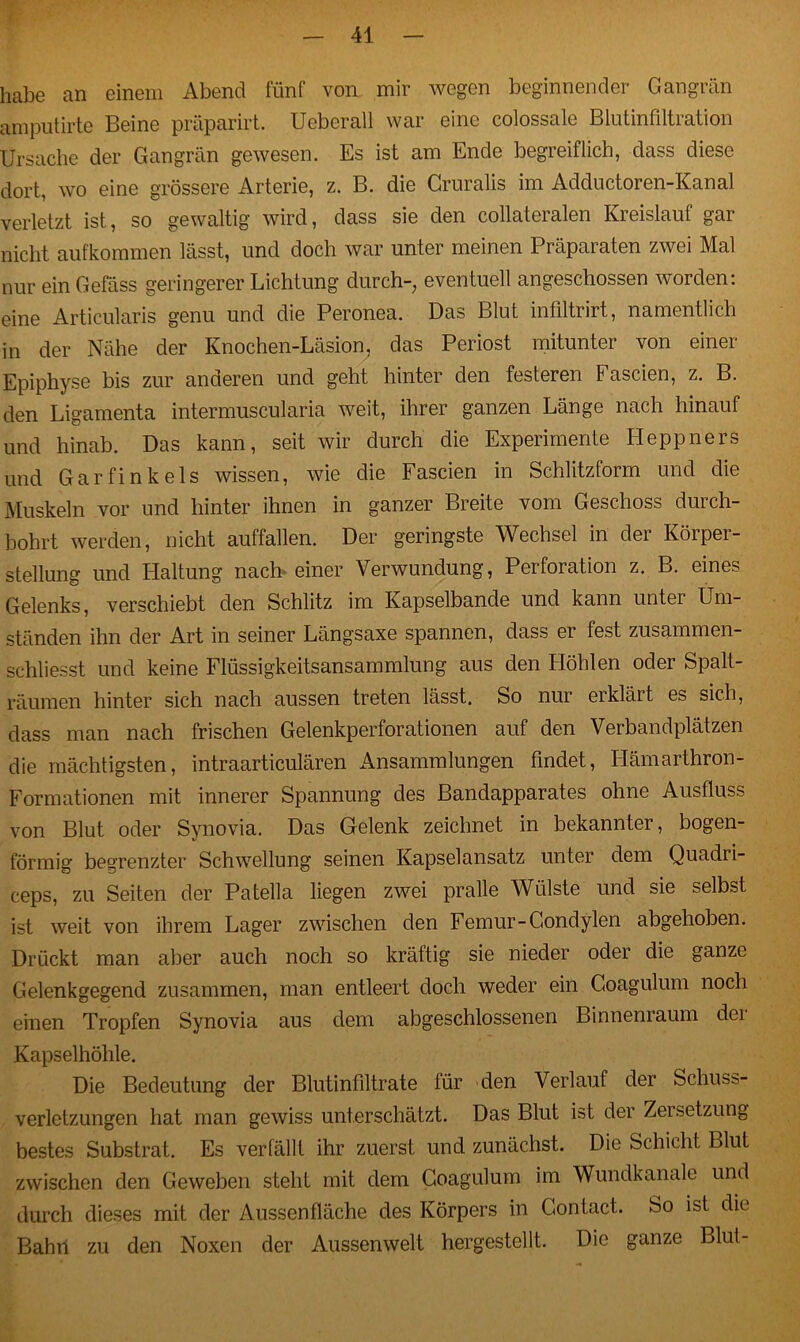 habe an einem Abend fünf von mir wegen beginnender Gangrän amputirte Beine präparirt. Ueberall war eine colossale Blutinfiltiation Ursache der Gangrän gewesen. Es ist am Ende begreiflich, dass diese dort, wo eine grössere Arterie, z. B. die Gruralis im Adductoren-Kanal verletzt ist, so gewaltig wird, dass sie den collateralen Kreislauf gar nicht aufkommen lässt, und doch war unter meinen Präparaten zwei Mal nur ein Gefäss geringerer Lichtung durch-, eventuell angeschossen worden: eine Articularis genu und die Peronea. Das Blut infiltrirt, namentlich in der Nähe der Knochen-Läsion, das Periost mitunter von einer Epiphyse bis zur anderen und geht hinter den festeren Fascien, z. B. den Ligamenta intermuscularia weit, ihrer ganzen Länge nach hinauf und hinab. Das kann, seit wir durch die Experimente Heppners und Gar finkeis wissen, wie die Fascien in Schlitzform und die Muskeln vor und hinter ihnen in ganzer Breite vom Geschoss durch- bohrt werden, nicht auffallen. Der geringste Wechsel in der Körper- stellung und Haltung nach einer Verwundung, Perforation z. B. eines Gelenks, verschiebt den Schlitz im Kapselbande und kann unter Um- ständen ihn der Art in seiner Längsaxe spannen, dass er fest zusammen- schliesst und keine Flüssigkeitsansammlung aus den Höhlen oder Spalt- räumen hinter sich nach aussen treten lässt. So nur erklärt es sich, dass man nach frischen Gelenkperforationen auf den Verbandplätzen die mächtigsten, intraarticulären Ansammlungen findet, Ilämarthron- Formationen mit innerer Spannung des Bandapparates ohne Ausfluss von Blut oder Synovia. Das Gelenk zeichnet in bekannter, bogen- förmig begrenzter Schwellung seinen Kapselansatz unter dem Quadri- ceps, zu Seiten der Patella liegen zwei pralle Wülste und sie selbst ist weit von ihrem Lager zwischen den Femur-Gondylen abgehoben. Drückt man aber auch noch so kräftig sie nieder oder die ganze Gelenkgegend zusammen, man entleert doch weder ein Goagulum noch einen Tropfen Synovia aus dem abgeschlossenen Binnenraum der Kapselhöhle. Die Bedeutung der Blutinfiltrate für den Verlauf der Schuss- verletzungen hat man gewiss unterschätzt. Das Blut ist der Zersetzung bestes Substrat. Es verfällt ihr zuerst und zunächst. Die Schicht Blut zwischen den Geweben steht mit dem Goagulum im Wundkanale und durch dieses mit der Aussenfläche des Körpers in Gontact. So ist die Bahn zu den Noxen der Aussenwelt hergestellt. Die ganze Blut-