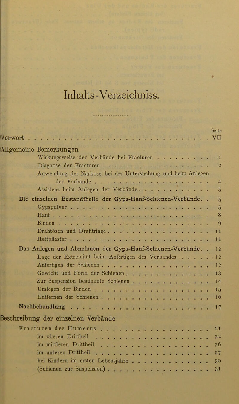 Inhalts - Verzeichniss. Seite Vorwort vn -Allgemeine Bemerkungen Wirkungsweise der Verbände bei Fraeturen 1 Diagnose der Fraeturen 2 Anwendung der Narkose bei der Untersuchung und beim Anlegen der Verbände 4 Assistenz beim Anlegen der Verbände 5 Die einzelnen Bestandtheile der Gyps-Hanf-Schienen-Verbände. . 5 Gypspulver 5 Hanf 8 Binden 9 Drahtösen urid Drahtringe 11 Heftpflaster 11 Das Anlegen und Abnehmen der Gyps-Hanf-Schienen-Verbände. . 12 Lage der Extremität beim Anfertigen des Verbandes 12 Anfertigen der Schienen 12 Gewicht und Form der Schienen 13 Zur Suspension bestimmte Schienen 14 Umlegen der Binden 15 Entfernen der Schienen 16 Nachbehandlung 17 Beschreibung der einzelnen Verbände Fraeturen des Humerus 21 im oberen Drittheil 2 2 im mittleren Drittheil 26 im unteren Drittheil 27 bei Kindern im ersten Lebensjahre 30 (Schienen zur Suspension) 31