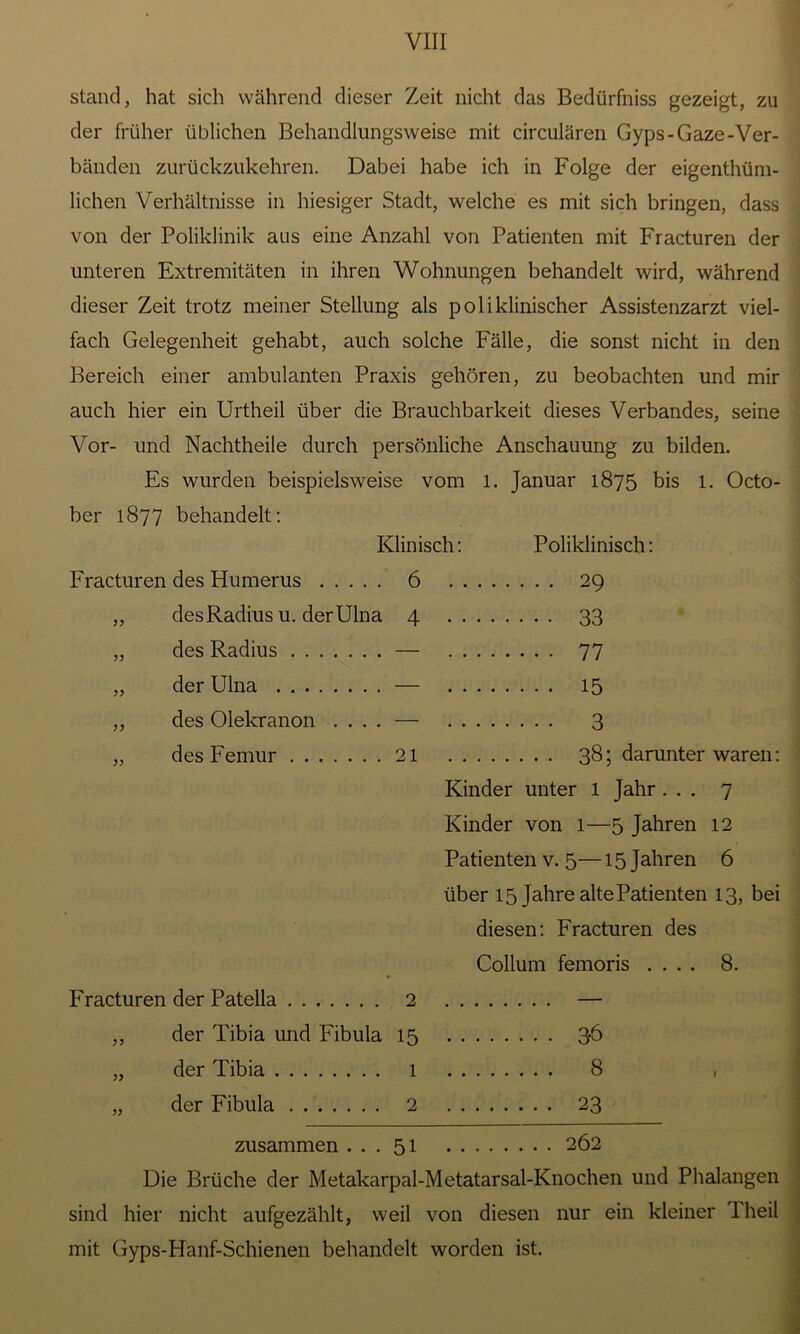 stand, hat sich während dieser Zeit nicht das Bedürfniss gezeigt, zu der früher üblichen Behandlungsweise mit circularen Gyps-Gaze-Ver- bänden zurückzukehren. Dabei habe ich in Folge der eigenthüm- lichen Verhältnisse in hiesiger Stadt, welche es mit sich bringen, dass von der Poliklinik aus eine Anzahl von Patienten mit Fracturen der unteren Extremitäten in ihren Wohnungen behandelt wird, während dieser Zeit trotz meiner Stellung als poliklinischer Assistenzarzt viel- fach Gelegenheit gehabt, auch solche Fälle, die sonst nicht in den Bereich einer ambulanten Praxis gehören, zu beobachten und mir auch hier ein Urtheil über die Brauchbarkeit dieses Verbandes, seine Vor- und Nachtheile durch persönliche Anschauung zu bilden. Es wurden beispielsweise vom l. Januar 1875 bis 1. Octo- ber 1877 behandelt: Klinisch: Poliklinisch: Fracturen des Humerus 6 „ des Radius u. der Ulna 4 „ des Radius — „ der Ulna — ,, des Olekranon .... — „ des Femur 21 29 33 77 15 3 38; darunter waren: Kinder unter 1 Jahr ... 7 Kinder von 1—5 Jahren 12 Patienten v. 5—15 Jahren 6 über 15 Jahre altePatienten 13, bei diesen: Fracturen des Collum femoris .... 8. Fracturen der Patella 2 der Tibia und Fibula 15 3-6 der Tibia 1 . . . . 8 d^r Fibula ....... 3 . . . . .... 23 zusammen . . . 51 .... 262 Die Brüche der Metakarpal-Metatarsal-Knochen und Phalangen sind hier nicht aufgezählt, weil von diesen nur ein kleiner 1 heil mit Gyps-Hanf-Schienen behandelt worden ist.