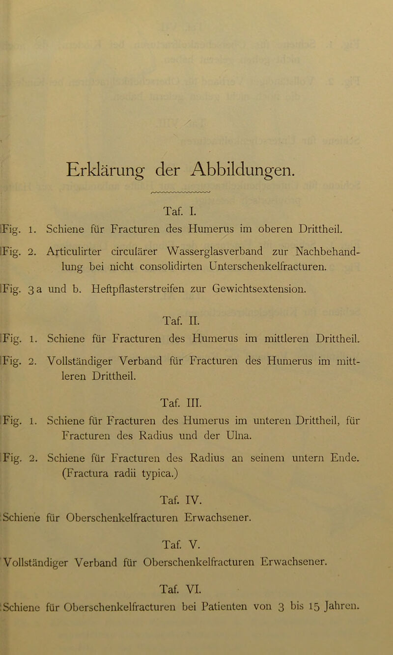Erklärung der Abbildungen. Taf. I. [Fig. l. Schiene für Fracturen des Humerus im oberen Drittheil. iFig. 2. Articulirter circularer Wasserglas verband zur Nachbehand- lung bei nicht consolidirten Unterschenkelfracturen. iFig. 3 a und b. Heftpflasterstreifen zur Gewichtsextension. Taf. II. Fig. 1. Schiene für Fracturen des Humerus im mittleren Drittheil. Fig. 2. Vollständiger Verband für Fracturen des Humerus im mitt- leren Drittheil. Taf. III. Fig. l. Schiene für Fracturen des Humerus im unteren Drittheil, für Fracturen des Radius und der Ulna. Fig. 2. Schiene für Fracturen des Radius an seinem untern Ende. (Fractura radii typica.) Taf. IV. Schiene für Oberschenkelfracturen Erwachsener. Taf. V. Vollständiger Verband für Oberschenkelfracturen Erwachsener. Taf. VI. Schiene für Oberschenkelfracturen bei Patienten von 3 bis 15 Jahren.
