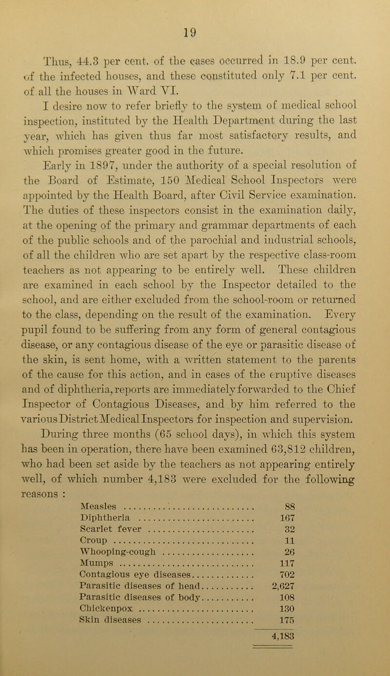 Thus, 44.3 per cent, of the cases occurred in 18.9 per cent, of the infected houses, and these constituted only 7.1 per cent, of all the houses in Ward VI. I desire now to refer briefly to the system of medical school inspection, instituted by the Health Department during the last year, which has given thus far most satisfactory results, and which promises greater good in the future. Early in 1S97, under the authority of a special resolution of the Board of Estimate, 150 Medical School Inspectors were appointed by the Health Board, after Civil Service examination. The duties of these inspectors consist in the examination daily, at the opening of the primary and grammar departments of each of the public schools and of the parochial and industrial schools, of all the children who are set apart by the respective class-room teachers as not appearing to be entirely well. These children are examined in each school by the Inspector detailed to the school, and are either excluded from the school-room or returned to the class, depending on the result of the examination. Every pupil found to be suffering from any form of general contagious disease, or any contagious disease of the eye or parasitic disease of the skin, is sent home, with a written statement to the parents of the cause for this action, and in cases of the eruptive diseases and of diphtheria, reports are immediately forwarded to the Chief Inspector of Contagious Diseases, and by him referred to the various District Medical Inspectors for inspection and supervision. During three months (65 school days), in which this system has been in operation, there have been examined. 63,812 children, who had been set aside by the teachers as not appearing entirely well, of which number 4,183 were excluded for the following reasons : Measles 88 Diphtheria 167 Scarlet fever 32 Croup 11 Whooping-cough 26 Mumps 117 Contagious eye diseases 702 Parasitic diseases of head 2,627 Parasitic diseases of body 108 Chiclcenpox 130 Skin diseases 175 4,183