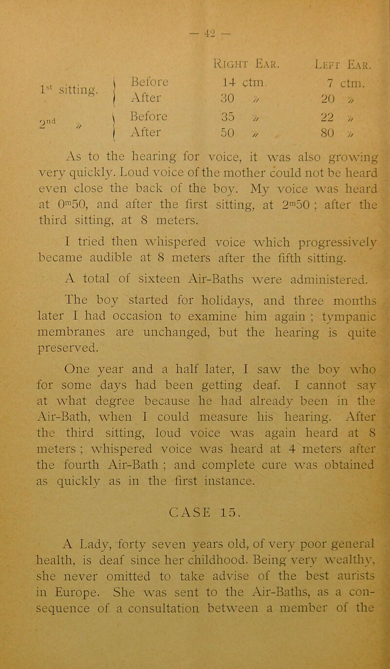 Right Ear. Left Ear. 1st sitting. 1 i Before After 14 ctm. 30 // 7 ctm. 20 » nnd * i Before 35 // 22 >/ ^ /> After 50 ,, 80 // As to the hearing for voice, it was also growing very quickly. Loud voice of the mother could not be heard even close the back of the boy. My voice was heard at 0m50, and after the first sitting, at 2m50 ; after the third sitting, at S meters. I tried then whispered voice which progressively became audible at 8 meters after the fifth sitting. A total of sixteen Air-Baths were administered. The boy started for holidays, and three months later I had occasion to examine him again ; tympanic membranes are unchanged, but the hearing is quite preserved. One year and a half later, I saw the boy who for some days had been getting deaf. I cannot say at what degree because he had already been in the Air-Bath, when I could measure his hearing. After the third sitting, loud voice was again heard at 8 meters ; whispered voice was heard at 4 meters after the fourth Air-Bath ; and complete cure was obtained as quickly as in the first instance. CASE 15. A Lady, forty seven years old, of very poor general health, is deaf since her childhood. Being very wealthy, she never omitted to take advise of the best aurists in Europe. She was sent to the Air-Baths, as a con- sequence of a consultation between a member of the