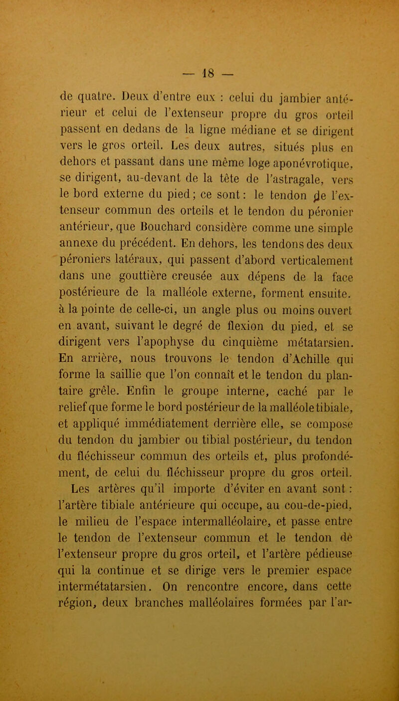 de quatre. Deux d’entre eux : celui du jambier anté- rieur et celui de l’extenseur propre du gros orteil passent en dedans de la ligne médiane et se dirigent vers le gros orteil. Les deux autres, situés plus en dehors et passant dans une même loge aponévrotique. se dirigent, au-devant de la tête de l’astragale, vers le bord externe du pied ; ce sont : le tendon jje l’ex- tenseur commun des orteils et le tendon du péronier antérieur, que Bouchard considère comme une simple annexe du précédent. En dehors, les tendons des deux péroniers latéraux, qui passent d’abord verticalement dans une gouttière creusée aux dépens de la face postérieure de la malléole externe, forment ensuite, à la pointe de celle-ci, un angle plus ou moins ouvert en avant, suivant le degré de flexion du pied, et se dirigent vers l’apophyse du cinquième métatarsien. En arrière, nous trouvons le tendon d’Achille qui forme la saillie que l’on connaît et le tendon du plan- taire grêle. Enfin le groupe interne, caché par le relief que forme le bord postérieur de la malléole tibiale, et appliqué immédiatement derrière elle, se compose du tendon du jambier ou tibial postérieur, du tendon du fléchisseur commun des orteils et, plus profondé- ment, de celui du fléchisseur propre du gros orteil. Les artères qu'il importe d’éviter en avant sont : l’artère tibiale antérieure qui occupe, au cou-de-pied, le milieu de l’espace intermalléolaire, et passe entre le tendon de l’extenseur commun et le tendon dé l’extenseur propre du gros orteil, et l’artère pédieuse qui la continue et se dirige vers le premier espace intermétatarsien. On rencontre encore, dans cette région, deux branches malléolaires formées par far-