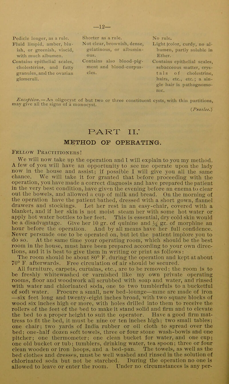 —12— Pedicle longer, iis a rule. Fluid limpid, amber, blu- ish, or greenish, viscid, with much albumen. Contains epithelial scales, cholesterine, and fatty granules, and the ovarian glomeruli. Exception. — An oligocyst may give all the signs of a m Shorter as a rule. Not cle.ar, brownish, dense, gelatinous, or albumin- ous. Contains also blood-pig- ment and blood-corpus- cles. of but two or three constitue; onocyst. No rule. Light [color, curdy, no al- bumen, partly soluble in Ether. Contains epithelial scales, sebacceous matter, crys- t a 1 s of cholestrine, hairs, etc., etc.; a sin- gle hair is pathognomo- nic. cysts, with thin partitions, {Peaslee.) PART Ii; METHOD OF OPERATING. Fellow Practitioners ! We will now take up the operation and I will explain to you my method. A few of you will have an opportunity to see me operate upon the lady now in the house and assist; if possible I will give you all the same chance. We will take it for granted that before proceeding with the operation, you have made a correct diagnosis and have prepared the patient in the very be.st condition, have given the evening before an enema t<^ clear out the bowels, and allowed a cup of milk and bread. On the morning of the operation have the patient bathed, dressed with a short gown, flannel drawers and stockings. Let her rest in an easy-chair, coA^ered with a blanket, and if her skin is not moist steam her with some hot water or apply hot Avater bottles to her feet. This is essential, dry cold skin would be a disadAmntage. GWe her 10 gr. of quinine and 34 of morphine an hour before the operation. And by all means haA'e her full confidence. Never persuade one to be operated on, but let the patient implore you to do so. At the same time your operating room, Avhich should be the best room in the house, must have been prepared according to your own direc- tions, and it is best to give them in Avriting or print as folloAvs: The room should be about 80° F. during the oiieration and kept at about 70° F. afterwards. Free circulation of air should be secured. All furniture, carpets, curtains, etc., are to be remoA^ed; the room is to be freshly Avhitewashed or Amrnished like my own prh'ate operating rooms, floor and AvoodAVork all scrubbed with soap and Avater, and rinsed with water and chlorinated s6da, one to tAvo tumblerfuls to a bucketful of soft Avater. Procure a small, new bed-lounge—mine are made of iron —six feet long and twenty-eight inches broad, Avith two square blocks of wood six inches high or more, with holes drilled into them to receive the rollers of the feet of the bed to make it stand solid and firm and to elevate the bed to a proper height to suit the operator. Have a good firm mat- tress to fit the bed, it must bq nine or ten inches high; tAA0 small tables; one chair; tAvo yards of India rubber or oil cloth to spread OA'er the bed; one-half dozen soft towels, three or four stone wash-bowls and one pitcher; one thermometer; one clean bucket for water, and one cup; one old bucket or tub; tumblers, drinking Avater, tea spoon; three or four clean wooden or iron hoops, and a bed-pan. The toAvels, as Avell as the bed clothes and dresses, must be Avell washed and rinsed in the solution of chlorinated soda but not be starched. During the operation no one is alloAved to leave or enter the room. Under no circumstances is any per-
