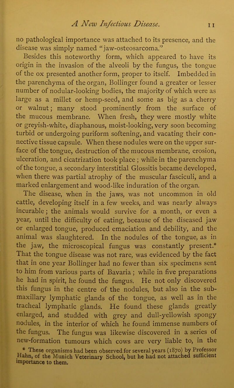 no pathological importance was attached to its presence, and the disease was simply named “jaw-osteosarcoma.” Besides this noteworthy form, which appeared to have its origin in the invasion of the alveoli by the fungus, the tongue of the ox presented another form, proper to itself. Imbedded in the parenchyma of the organ, Bollinger found a greater or lesser number of nodular-looking bodies, the majority of which were as large as a millet or hemp-seed, and some as big as a cherry or walnut; many stood prominently from the surface of the mucous membrane. When fresh, they were mostly white or greyish-white, diaphanous, moist-looking, very soon becoming turbid or undergoing puriform softening, and vacating their con- nective tissue capsule. When these nodules were on the upper sur- face of the tongue, destruction of the mucous membrane, erosion, ulceration, and cicatrization took place ; while in the parenchyma of the tongue, a secondary interstitial Glossitis became developed, when there was partial atrophy of the muscular fasciculi, and a marked enlargement and wood-like induration of the organ. The disease, when in the jaws, was not uncommon in old cattle, developing itself in a few weeks, and was nearly always incurable; the animals would survive for a month, or even a year, until the difficulty of eating, because of the diseased jaw or enlarged tongue, produced emaciation and debility, and the animal was slaughtered. In the nodules of the tongue, as in the jaw, the microscopical fungus was constantly present.* That the tongue disease was not rare, was evidenced by the fact that in one year Bollinger had no fewer than six specimens sent to him from various parts of Bavaria ; while in five preparations he had in spirit, he found the fungus. He not only discovered this fungus in the centre of the nodules, but also in the sub- maxillary lymphatic glands of the tongue, as well as in the tracheal lymphatic glands. He found these glands greatly enlarged, and studded with grey and dull-yellowish spongy nodules, in the interior of which he found immense numbers of the fungus. The fungus was likewise discovered in a series of new-formation tumours which cows are very liable to, in the * These organisms had been observed for several years (1870) by Professor Hahn, of the Munich Veterinary School, but he had not attached sufficient importance to them.