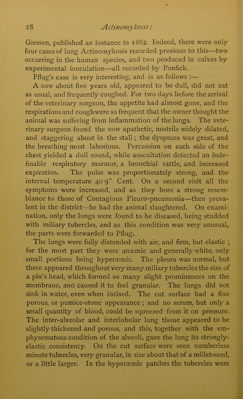Giessen, published an instance in 1882. Indeed, there were only four cases of lung Actinomykosis recorded previous to this—two occurring in the human species, and two produced in calves by experimental inoculation—all recorded by Ponfick. Pflug’s case is very interesting, and is as follows :— A cow about five years old, appeared to be dull, did not eat as usual, and frequently coughed. For two days before the arrival of the veterinary surgeon, the appetite had almost gone, and the respirations and cough were so frequent that the owner thought the animal was suffering from inflammation of the lungs. The vete- rinary surgeon found the cow apathetic, nostrils widely dilated, and staggering about in the stall; the dyspnoea was great, and the breathing most laborious. Percussion on each side of the chest yielded a dull sound, while auscultation detected an inde- finable respiratory murmur, a bronchial rattle, and increased expiration. The pulse was proportionately strong, and the internal temperature 40 9 Cent. On a second visit all the symptoms were increased, and as they bore a strong resem- blance to those of Contagious Pleuro-pneumonia—then preva- lent in the district—he had the animal slaughtered. On exami- nation, only the lungs were found to be diseased, being studded with miliary tubercles, and as this condition was very unusual, the parts were forwarded to Pflug. The lungs were fully distended with air, and firm, but elastic •, for the most part they were anaemic and generally white, only small portions being hyperaemic. The pleura was normal, but there appeared throughout very many miliary tubercles the size of a pin’s head, which formed so many slight prominences on the membrane, and caused it to feel granular. The lungs did not sink in water, even when incised. The cut surface had a fine porous, or pumice-stone appearance ; and no serum, but only a small quantity of blood, could be squeezed from it on pressure. The inter-alveolar and interlobular lung tissue appeared to be slightly thickened and porous, and this, together with the em- physematous condition of the alveoli, gave the lung its strongly- elastic consistency. On the cut surface were seen numberless minute tubercles, very granular, in size about that of a millet-seed, or a little larger. In the hyperaemic patches the tubercles were