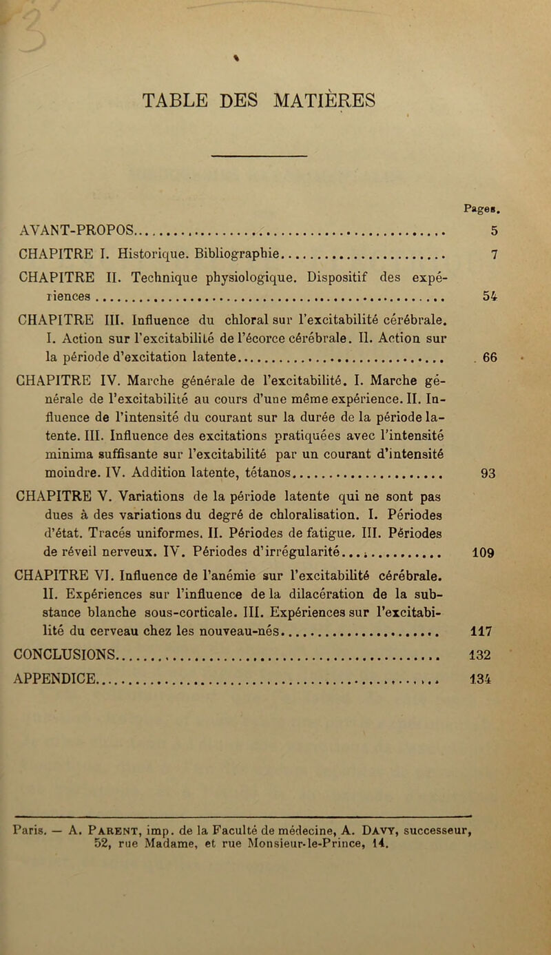 TABLE DES MATIÈRES Pages. AVANT-PROPOS 5 CHAPITRE I. Historique. Bibliographie 7 CHAPITRE II. Technique physiologique. Dispositif des expé- riences 54 CHAPITRE III. Influence du chloral sur l’excitabilité cérébrale. I. Action sur l’excitabilité de l’écorce cérébrale. II. Action sur la période d’excitation latente 66 CHAPITRE IV. Marche générale de l’excitabilité. I. Marche gé- nérale de l’excitabilité au cours d’une même expérience. II. In- fluence de l’intensité du courant sur la durée de la période la- tente. III. Influence des excitations pratiquées avec l’intensité minima suffisante sur l’excitabilité par un courant d’intensité moindre. IV. Addition latente, tétanos 93 CHAPITRE V. Variations de la période latente qui ne sont pas dues à des variations du degré de chloralisation. I. Périodes d’état. Tracés uniformes. II. Périodes de fatigue, III. Périodes de réveil nerveux. IV. Périodes d’irrégularité.; 109 CHAPITRE VI. Influence de l’anémie sur l’excitabilité cérébrale. II. Expériences sur l’influence de la dilacération de la sub- stance blanche sous-corticale. III. Expériences sur l’excitabi- lité du cerveau chez les nouveau-nés 117 CONCLUSIONS 132 APPENDICE 134 Paris. — A. Parent, imp. de la Faculté de médecine, A. Dàvy, successeur, 52, rue Madame, et rue Monsieur-le-Prince, 14.