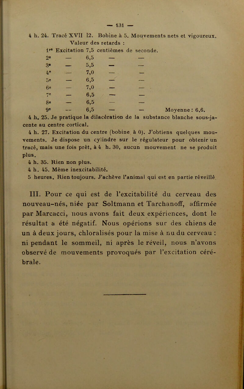 4 h. 24. Tracé XVII 12. Bobine à 5. Mouvements nets et vigoureux. Valeur des retards : 1rs Excitation 7,5 centièmes de seconde. 2« — 6,5 — — 3* — 5,5 — — 4e — 7,0 — — 5« — 6,5 — — 6e — 7,0 — — 7e — 6,5 — — 8e — 6,5 — — 9e — 6,5 — — Moyenne : 6,6. 4 h. 25. Je pratique la dilacération de la substance blanche sous-ja- cente au centre cortical. 4 h. 27. Excitation du centre (bobine à 0). J’obtiens quelques mou- vements. Je dispose un cylindre sur le régulateur pour obtenir un tracé, mais une fois prêt, à 4 h. 30, aucun mouvement ne se produit plus. 4 h. 35. Rien non plus. 4 h. 45. Même inexcitabilité. 5 heures. Rien toujours. J’achève l’animal qui est en partie réveillé. III. Pour ce qui est de l’excitabilité du cerveau des nouveau-nés, niée par Soltmann et Tarchanoff, affirmée par Marcacci, nous avons fait deux expériences, dont le résultat a été négatif. Nous opérions sur des chiens de un à deux jours, chloralisés pour la mise à nu du cerveau : ni pendant le sommeil, ni après le réveil, nous n’avons observé de mouvements provoqués par l’excitation céré- brale.