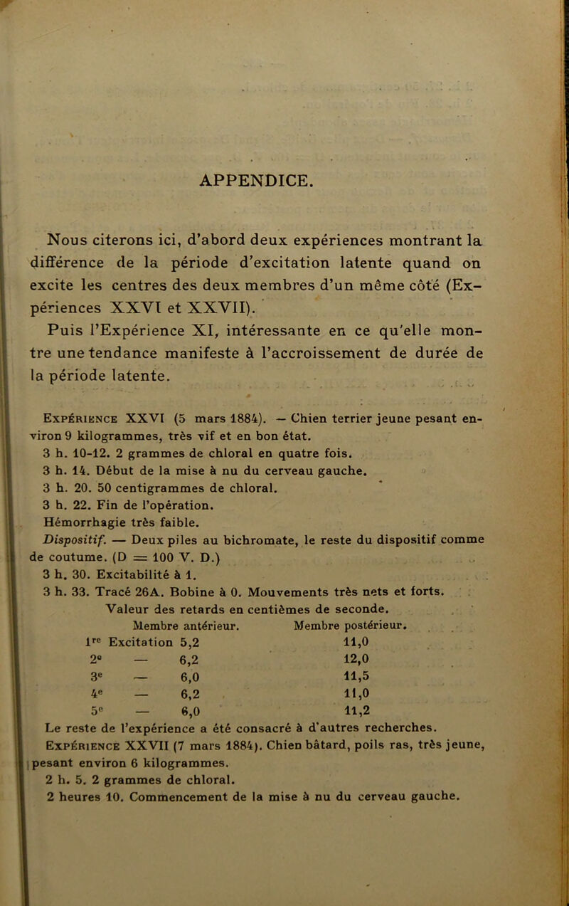 APPENDICE. ’ * . c r . . , -i • i » •» Nous citerons ici, d’abord deux expériences montrant la différence de la période d’excitation latente quand on excite les centres des deux membres d’un même côté (Ex- périences XXVI et XXVII). Puis l’Expérience XI, intéressante en ce qu'elle mon- tre une tendance manifeste à l’accroissement de durée de la période latente. Expérience XXVI (5 mars 1884). — Chien terrier jeune pesant en- viron 9 kilogrammes, très vif et en bon état. 3 h. 10-12. 2 grammes de chloral en quatre fois. 3 h. 14. Début de la mise à nu du cerveau gauche. 3 h. 20. 50 centigrammes de chloral. 3 h. 22. Fin de l’opération. Hémorrhagie très faible. Dispositif. — Deux piles au bichromate, le reste du dispositif comme de coutume. (D = 100 V. D.) 3 h. 30. Excitabilité à 1. 3 h. 33. Tracé 26A. Bobine à 0. Mouvements très nets et forts. Valeur des retards en centièmes de seconde. Membre antérieur. Membre postérieur. lrc Excitation 5,2 11,0 2e — 6,2 12,0 3e — 6,0 11,5 4e — 6,2 11,0 5e 6,0 11,2 Le reste de l’expérience a été consacré à d’autres recherches. Expérience XXVII (7 mars 1884). Chien bâtard, poils ras, très jeune, pesant environ 6 kilogrammes. 2 h. 5. 2 grammes de chloral. 2 heures 10. Commencement de la mise à nu du cerveau gauche.