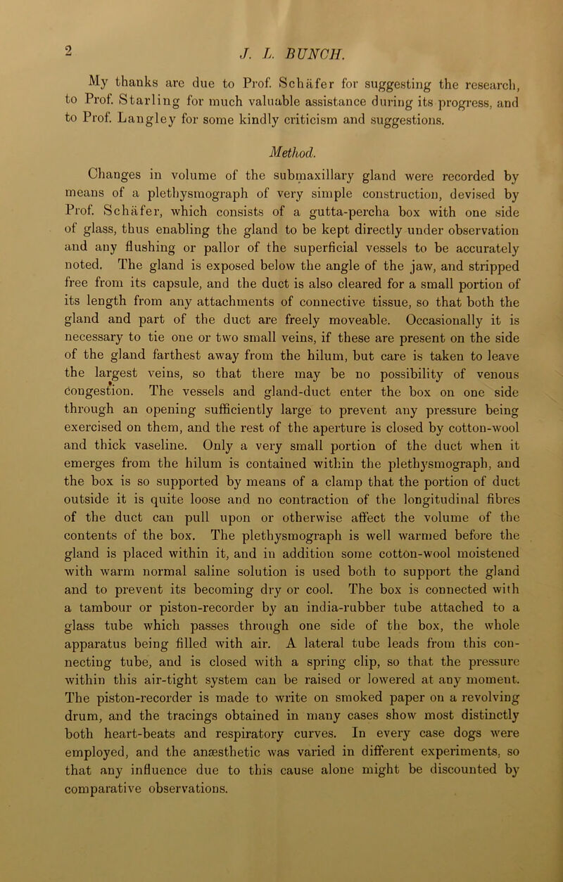 My thanks are due to Prof. Schafer for suggesting the research, to Prof Starl ing for much valuable assistance during its progress, and to Prof Langley for some kindly criticism and suggestions. Method. Changes in volume of the submaxillary gland were recorded by means of a plethysraograph of very simple construction, devised by Prof Schafer, which consists of a gutta-percha box with one side of glass, thus enabling the gland to be kept directly under observation and any flushing or pallor of the superficial vessels to be accurately noted. The gland is exposed below the angle of the jaw, and stripped free from its capsule, and the duct is also cleared for a small portion of its length from any attachments of connective tissue, so that both the gland and part of the duct are freely moveable. Occasionally it is necessary to tie one or two small veins, if these are present on the side of the gland farthest away from the hilum, but eare is taken to leave the largest veins, so that there may be no possibility of venous congestion. The vessels and gland-duct enter the box on one side through an opening sufficiently large to prevent any pressure being exercised on them, and the rest of the aperture is closed by cotton-wool and thick vaseline. Only a very small portion of the duct when it emerges from the hilum is contained within the plethysmograph, and the box is so supported by means of a clamp that the portion of duct outside it is quite loose and no contraction of the longitudinal fibres of the duct can pull upon or otherwise affect the volume of the contents of the box. The plethysmograph is well warmed before the gland is placed within it, and in addition some cotton-wool moistened with warm normal saline solution is used both to support the gland and to prevent its becoming dry or cool. The box is connected with a tambour or piston-recorder by an india-rubber tube attached to a glass tube which passes through one side of the box, the whole apparatus being filled with air, A lateral tube leads from this con- necting tube, and is closed with a spring clip, so that the pressure within this air-tight system can be raised or lowered at any moment. The piston-recorder is made to write on smoked paper on a revolving drum, and the tracings obtained in many cases show most distinctly both heart-beats and respiratory curves. In every case dogs were employed, and the anaesthetic was varied in different experiments, so that any influence due to this cause alone might be discounted by comparative observations.