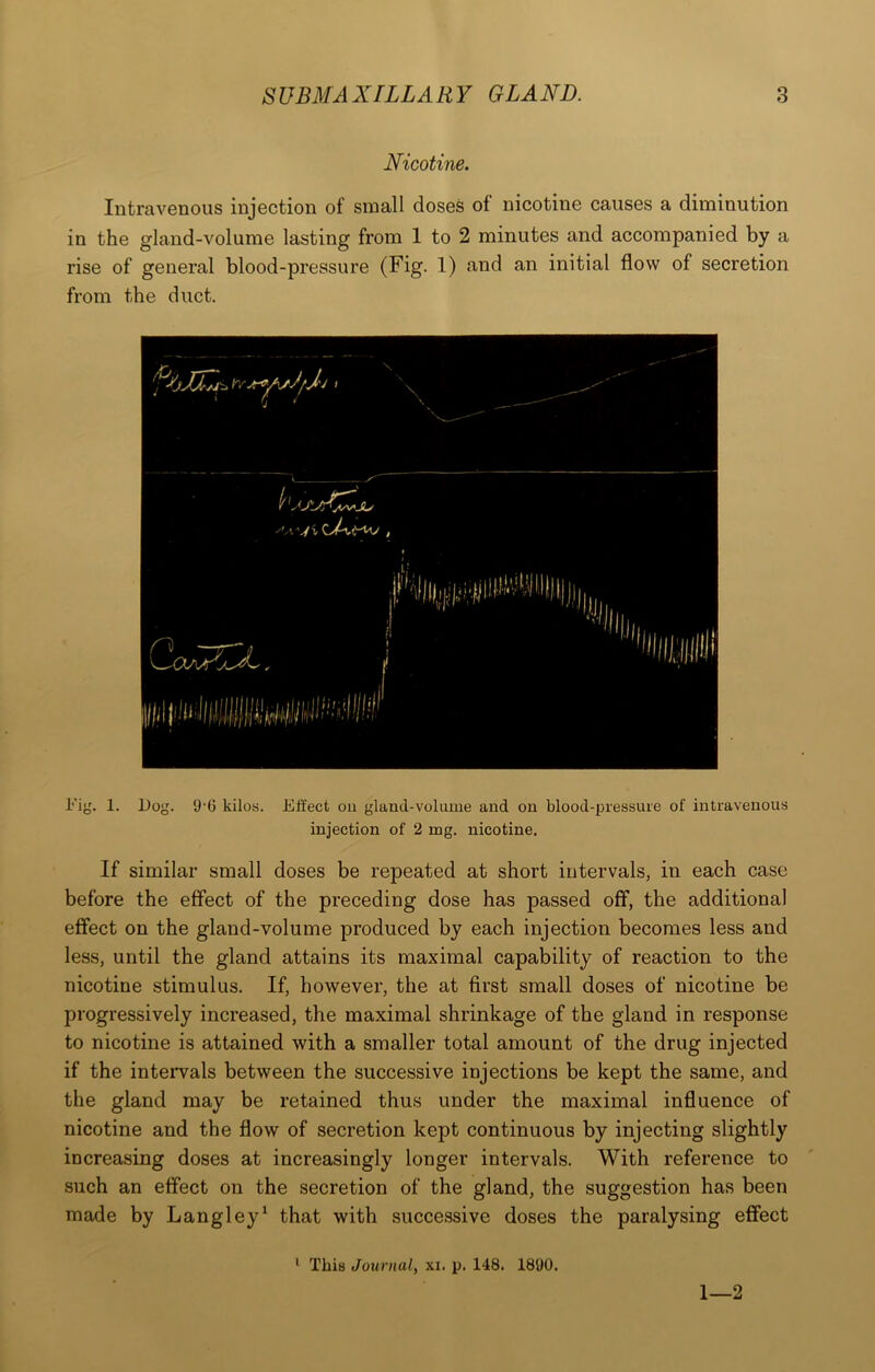Nicotine. Intravenous injection of small doses of nicotine causes a diminution in the gland-volume lasting from 1 to 2 minutes and accompanied by a rise of general blood-pressure (Fig. 1) and an initial flow of secretion from the duct. Fig. 1. Dog. 9'6 kilos. Effect ou gland-volume and on blood-pressuie of intravenous injection of 2 mg. nicotine. If similar small doses be repeated at short intervals, in each case before the effect of the preceding dose has passed off, the additional effect on the gland-volume produced by each injection becomes less and less, until the gland attains its maximal capability of reaction to the nicotine stimulus. If, however, the at first small doses of nicotine be progressively increased, the maximal shrinkage of the gland in response to nicotine is attained with a smaller total amount of the drug injected if the intervals between the successive injections be kept the same, and the gland may be retained thus under the maximal influence of nicotine and the flow of secretion kept continuous by injecting slightly increasing doses at increasingly longer intervals. With reference to such an effect on the secretion of the gland, the suggestion has been made by Langley^ that with successive doses the paralysing effect ^ This Journal, xi. p. 148. 1890. 1—2
