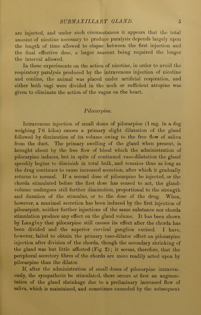 are injected, and under such circumstances it appears that the total amount of nicotine necessary to produce paralysis depends largely upon the length of time allowed to elapse between the first injection and the final effective dose, a larger amount being required the longer the interval allowed. In these experiments on the action of nicotine, in order to avoid the respiratory paralysis produced by the intravenous injection of nicotine and coniine, the animal was placed under artificial respiration, and either both vagi were divided in the neck or sufficient atropine was given to eliminate the action of the vagus on the heart. Pilocarpine. Intravenous injection of small doses of pilocarpine (1 mg. in a dog weighing 7'6 kilos) causes a primary slight dilatation of the gland followed by diminution of its volume owing to the free flow of saliva from the duct. The primary swelling of the gland when present, is brought about by the free flow of blood which the administration of pilocarpine induces, but in spite of continued vaso-dilatation the gland speedily begins to diminish in total bulk, and remains thus as long as the drug continues to cause increased secretion, after which it gradually returns to normal. If a second dose of pilocarpine be injected, or the chorda stimulated before the first dose has ceased to act, the gland- volume undergoes still further diminution, proportional to the strength and duration of the stimulus, or to the dose of the drug. When, however, a maximal secretion has been induced by the first injection of pilocarpinb, neither further injections of the same substance nor chorda stimulation produce any effect on the gland volume. It has been shown by Langley that pilocarpine still causes its effect after the chorda has been divided and the superior cervical ganglion excised. I have, however, failed to obtain the primary vaso-dilator effect on pilocarpine injection after division of the chorda, though the secondary shrinking of the gland was but little affected (Fig. 2); it seems, therefore, that the peripheral secretory fibres of the chorda are more readily acted upon by pilocarpine than the dilator. If, after the administration of small doses of pilocarpine intraven- ously, the sympathetic be stimulated, there occurs at first an augmen- tation of the gland shrinkage due to a preliminary increased flow of saliva, which is maintained, and sometimes exceeded by the subsequent