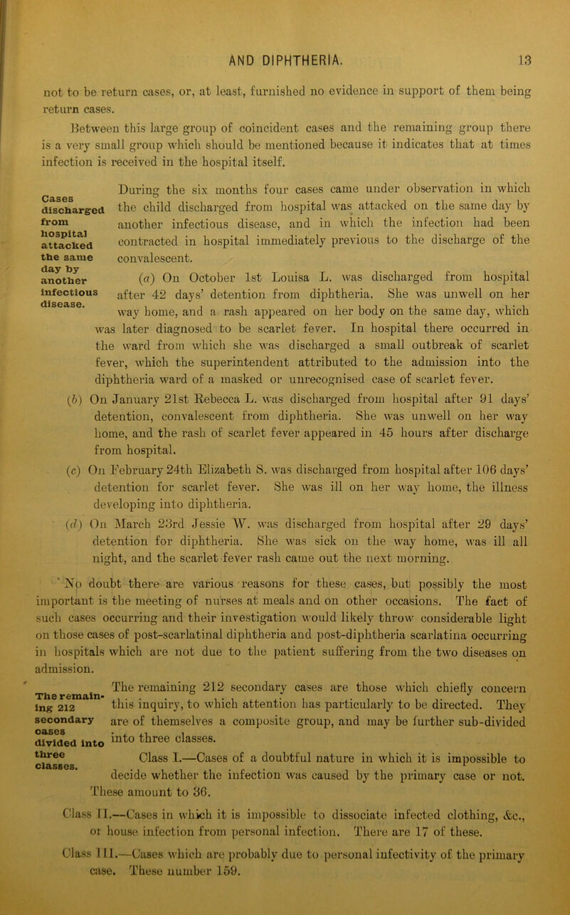 not to be return cases, or, at least, furnished no evidence in support of them being return cases. Between this large group of coincident cases and the remaining group there is a very small group which should be mentioned because it indicates that at times infection is received in the hospital itself. During the six months four cases came under observation in which the child discharged from hospital was attacked on the same day by another infectious disease, and in which the infection had been contracted in hospital immediately previous to the discharge of the convalescent. («) On October 1st Louisa L. was discharged from hospital after 42 days’ detention from diphtheria. She was unwell on her way home, and a rash appeared on her body on the same day, which was later diagnosed to be scarlet fever. In hospital there occurred in the ward from which she was discharged a small outbreak of scarlet fever, which the superintendent attributed to the admission into the diphtheria ward of a masked or unrecognised case of scarlet fever. (6) On January 21st Rebecca L. was discharged from hospital after 91 days’ detention, convalescent from diphtheria. She was unwell on her way home, and the rash of scarlet fever appeared in 45 hours after discharge from hospital. (c) On February 24th Elizabeth S. was discharged from hospital after 106 days’ detention for scarlet fever. She was ill on her way home, the illness developing into diphtheria. (cl) On March 23rd Jessie W. was discharged from hospital after 29 days’ detention for diphtheria. She was sick on the way home, was ill all night, and the scarlet fever rash came out the next morning. . ' No doubt there are various reasons for these cases, but possibly the most important is the meeting of nurses at meals and on other occasions. The fact of such cases occurring and their investigation would likely throw considerable light on those cases of post-scarlatinal diphtheria and post-diplitheria scarlatina occurring in hospitals which are not due to the patient suffering from the two diseases on admission. Cases discharged from hospital attacked the same day by another infectious disease. The remain- ing 212 secondary cases divided into three classes. The remaining 212 secondary cases are those which chiefly concern this inquiry, to which attention has particularly to be directed. They are of themselves a composite group, and may be further sub-divided into three classes. Class 1.—Cases of a doubtful nature in which it is impossible to decide whether the infection was caused by the primary case or not. These amount to 36. Class II.—Cases in which it is impossible to dissociate infected clothing, &c., oi house infection from personal infection. There are 17 of these. Class 111.—Cases which are probably due to personal infectivity of the primary case. These number 159.