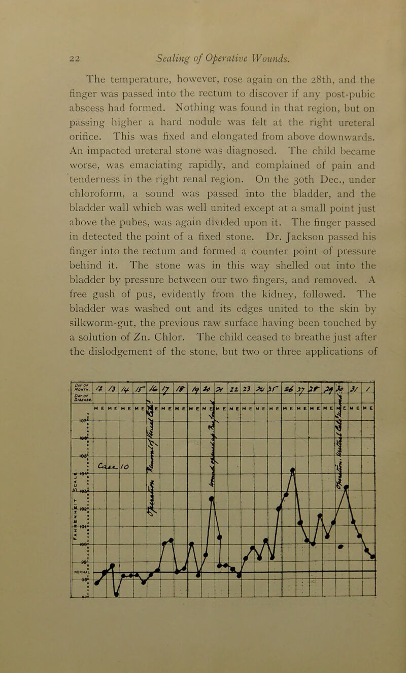 The temperature, however, rose again on the 28th, and the finger was passed into the rectum to discover if any post-pubic abscess had formed. Nothing was found in that region, but on passing higher a hard nodule was felt at the right ureteral orifice. This was fixed and elongated from above downwards. An impacted ureteral stone was diagnosed. The child became worse, weis emaciating rapidly, and complained of pain and tenderness in the right renal region. On the 30th Dec., under chloroform, a sound was passed into the bladder, and the bladder wall which was well united except at a small point just above the pubes, was again divided upon it. The finger passed in detected the point of a fixed stone. Dr. Jackson passed his finger into the rectum and formed a counter point of pressure behind it. The stone was in this way shelled out into the bladder by pressure between our two fingers, and removed. A free gush of pus, evidently from the kidney, followed. The bladder was washed out and its edges united to the skin by silkworm-gut, the previous raw surface having been touched by a solution of Zn. Chlor. The child ceased to breathe just after the dislodgement of the stone, but two or three applications of