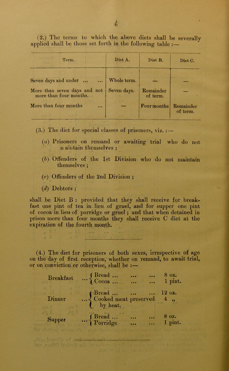 (2.) The terms to which the above diets shall be severally applied shall be those set forth in the following table :— Term. Diet A. Diet B. Diet C. Seven days and under Whole term. More than seven days and not more than four months. Seven days. Remainder of term. — More than four months — Four months Remainder of term. (3.) The diet for speeial classes of prisoners, viz. :— (a) Prisoners on remand or awaiting trial who do not n aintain themselves ; (b) Offenders of the 1st Division who do not maintain themselves ; (e) Offenders of the 2nd Division ; (id) Debtors ; shall be Diet B : provided that they shall receive for break- fast one pint of tea in lieu of gruel, and for supper one pint of cocoa in lieu of porridge or gruel; and that when detained in prison more than four months they shall receive C diet at the expiration of the fourth month. (4.) The diet for prisoners of both sexes, irrespective of age on the day of first reception, whether on remand, to await trial, or on conviction or otherwise, shall be :— Breakfast • • • Bread .Cocoa r* • • t • 8 oz. 1 pint. Dinner Supper {■•Bread ... ... ... 12 oz. ...< Cooked meat preserved 4 „ ( by heat. 8 oz. 1 pint. n» i. i f Bread ... *** ^ Porridge • • •